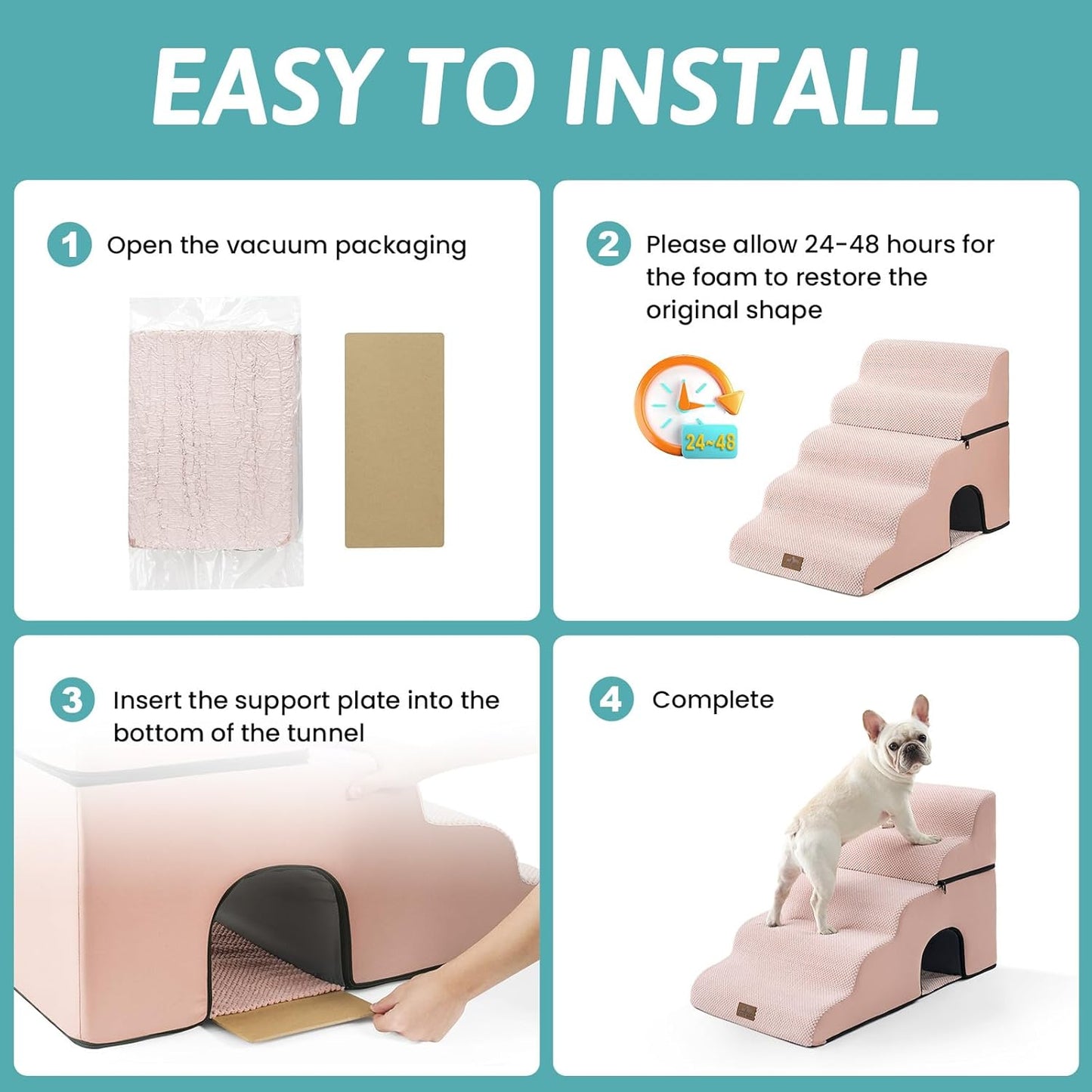 Extra Wide Dog Stairs with Tunnel, Detachable Large Pet Step for Small Medium Dog, Puppy or Cat, Ramp for High Bed, Couch, Sofa or Car, Stable, 19.7x33x22.4 inch, 5 Step, Pink