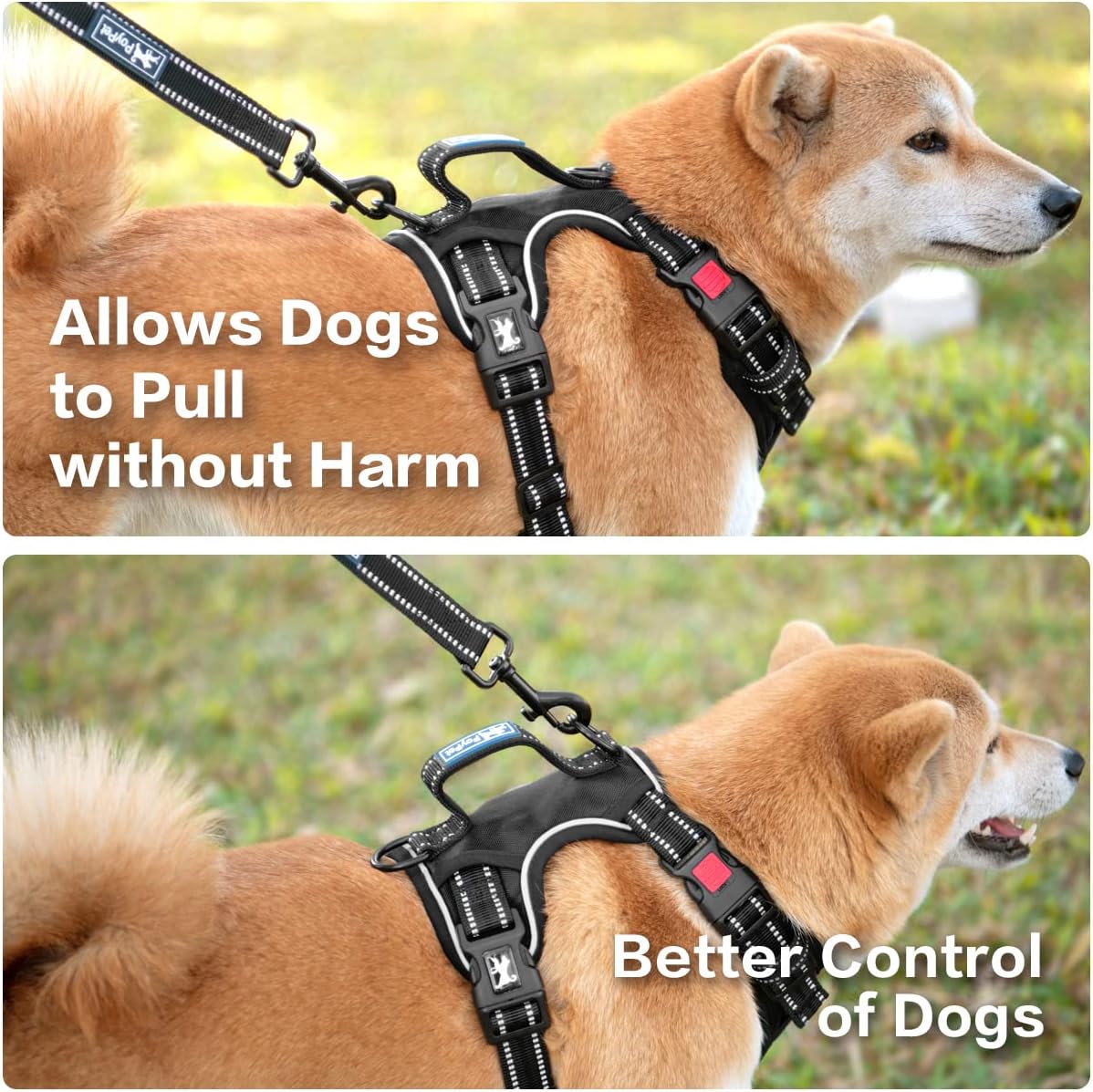 PoyPet No Pull Dog Harness, No Choke Front Clip Reflective Dog Vest with Soft Padded Vertical Handle, 3 Leash Attachments for Small Medium Large Dogs (Black,XL)