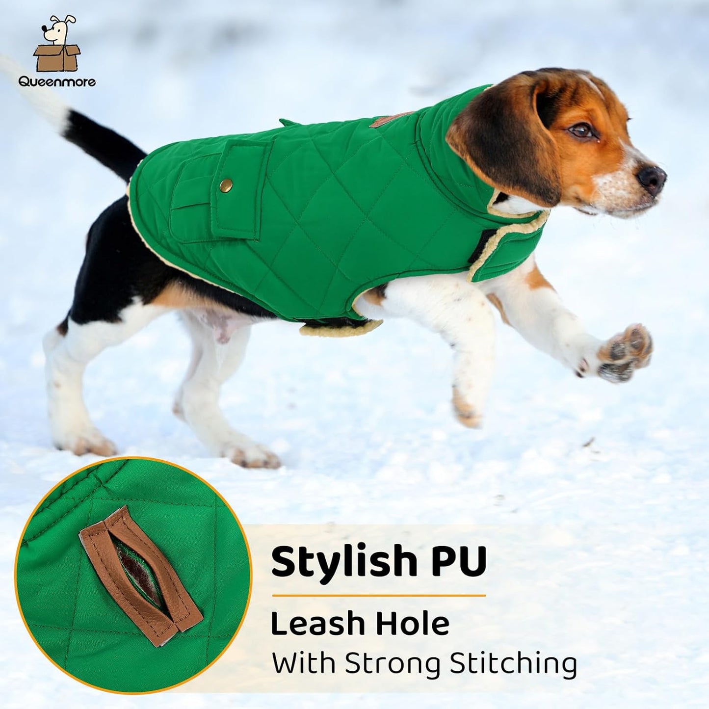 Queenmore Warm Dog Coat, Cold Weather Puffer Dog Coat Vest, Quilting Winter Pet Jacket Ultra Thick Plush Fleece Lining Pet Clothes for Dogs with Storage Pockets (Forest Green,Large)