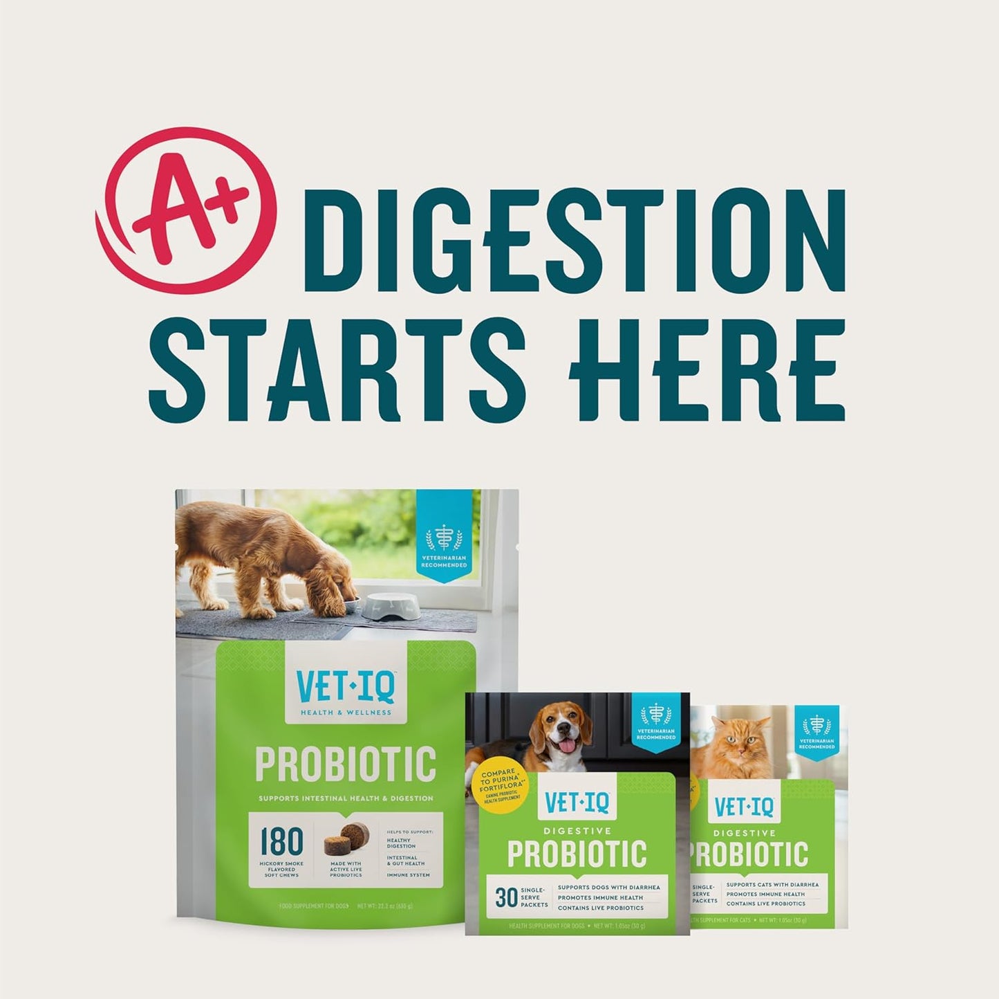 VetIQ Probiotic Supplement for Dogs, Digestive Support for Dogs, Nourishes Gut Bacteria and Supports Bowel Function, Hickory Smoke Flavor, Made in The USA, 180 Count