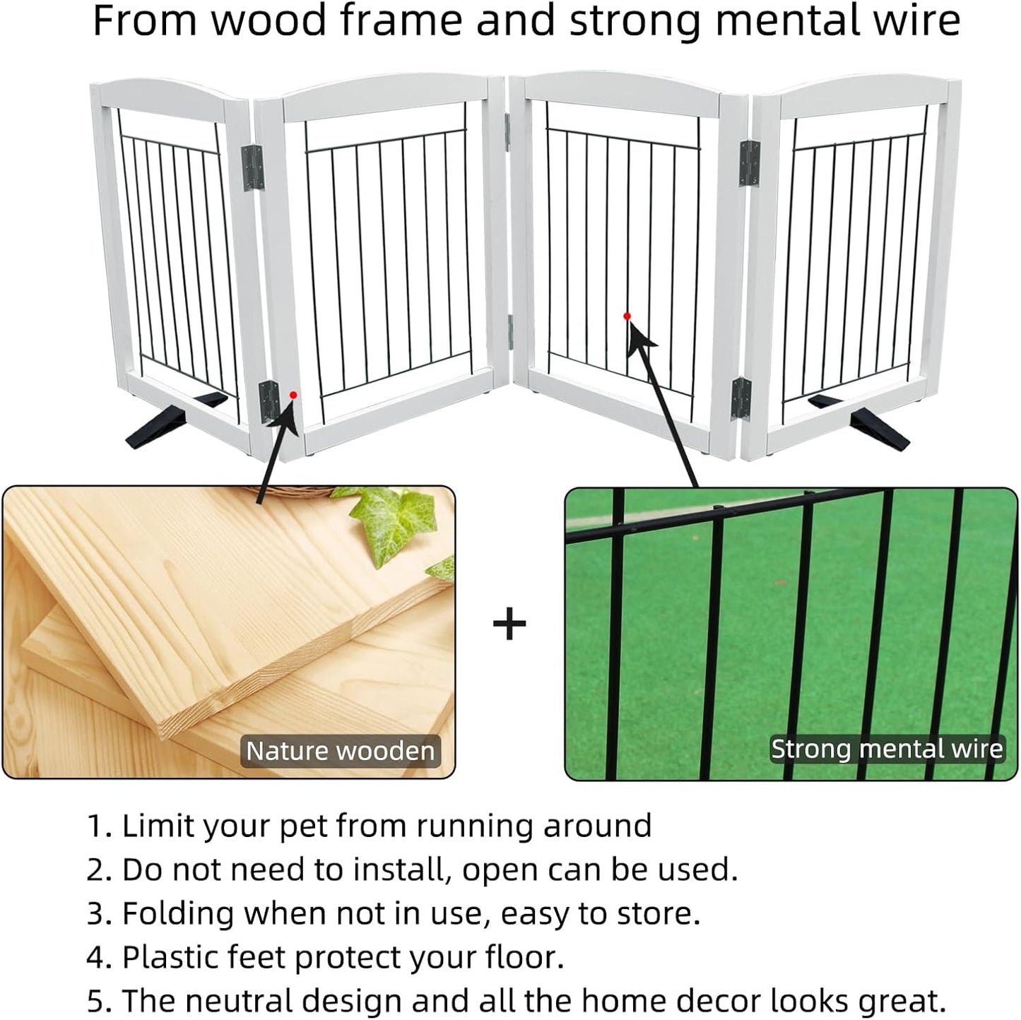 ZJSF Freestanding Dog Fence Indoor, Foldable Dog Gate for Doorways, Stairs or Hallways, Sturdy Wood Extra Wide Pet Gate with Support Feet for The House, White, 24 "Height-4 Panels