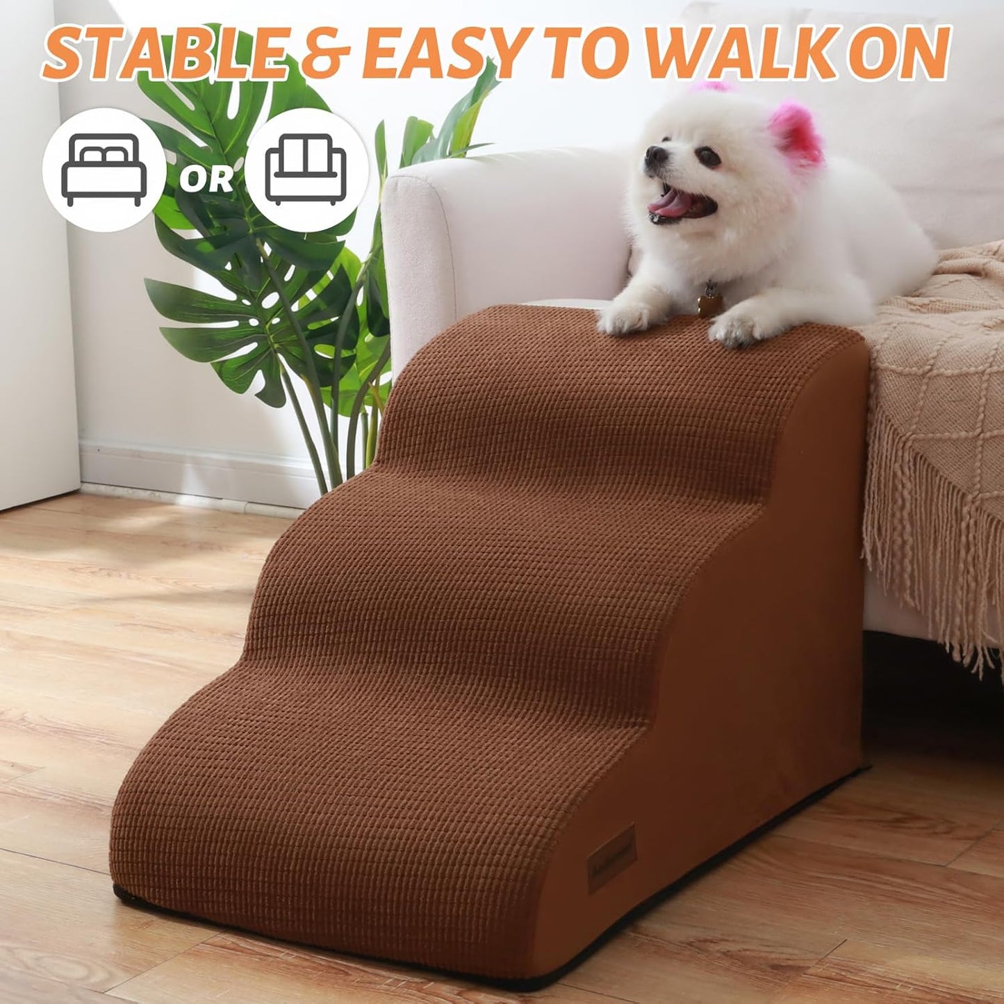 3-Step Dog Ramp and Stairs for Sofa and Chair - Non-Slip Sturdy Pet Steps for Small Dogs and Cats,15.7" H,Brown
