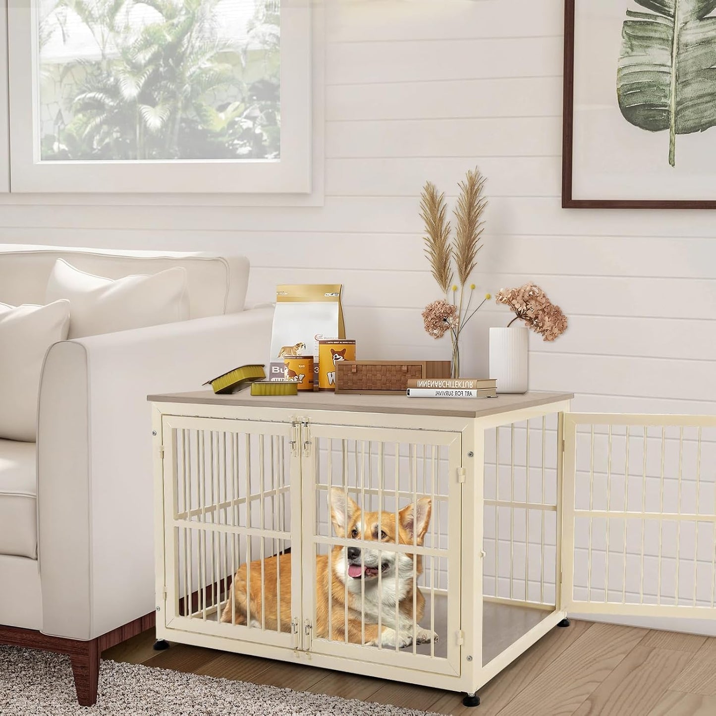 32 Inch Heavy Duty Dog Crate Furniture for Medium and Small Dogs, Decorative Pet House End Table, Wooden Cage Kennel Furniture Indoor with Double Doors, Sturdy Dog Cage for Anxiety Dog