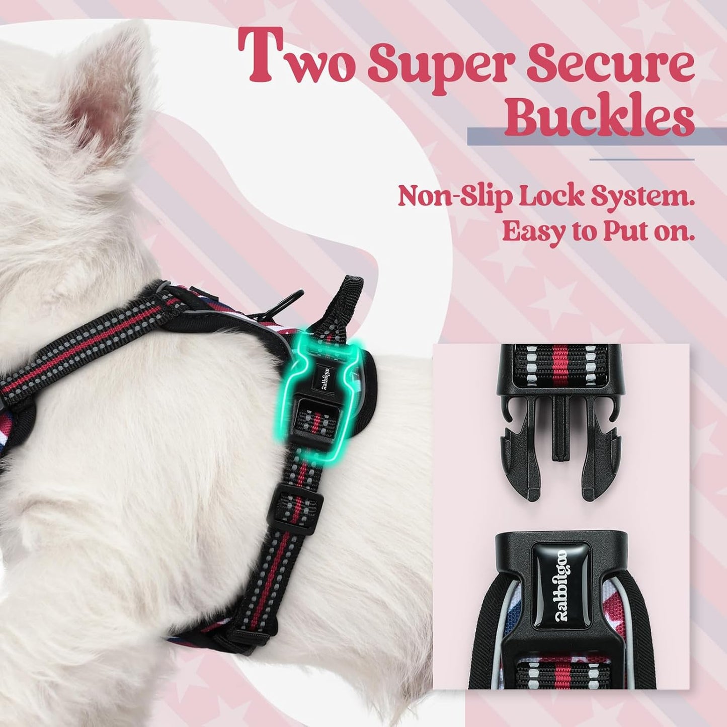 rabbitgoo Dog Harness No Pull with 2 Leash Clips, Adjustable Soft Padded, Reflective Oxford No Choke Pet Vest with Easy Control Handle for Large Dogs, Red Stripe, XS