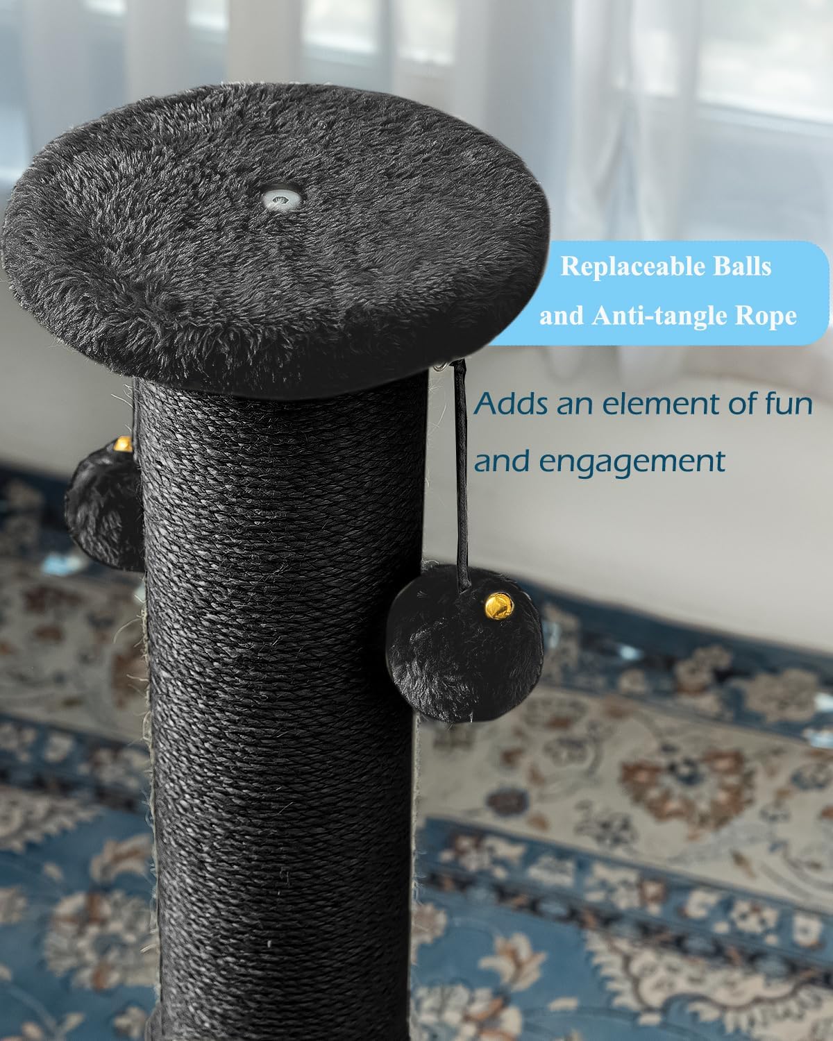 Kilodor 34Inch Tall Cat Scratching Post,4.3Inch Diameter Large Sisal Cat Scratch Post with Ball, Sturdy and Durable Cat Scratcher for Indoor Cats Adults Black
