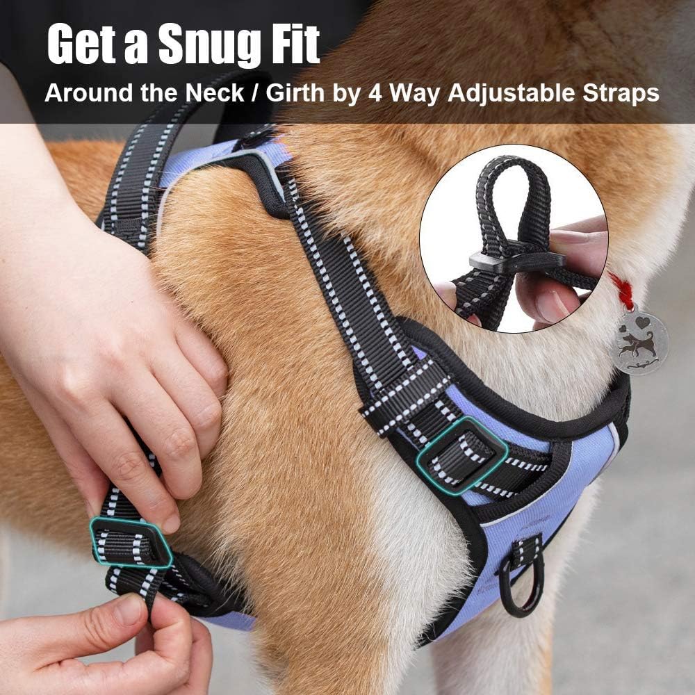 PoyPet No Pull Dog Harness, Reflective Comfortable Vest Harness with Front & Back 2 Leash Attachments and Easy Control Handle Adjustable Soft Padded Pet Vest for Small to Large Dogs (Light Blue,L)