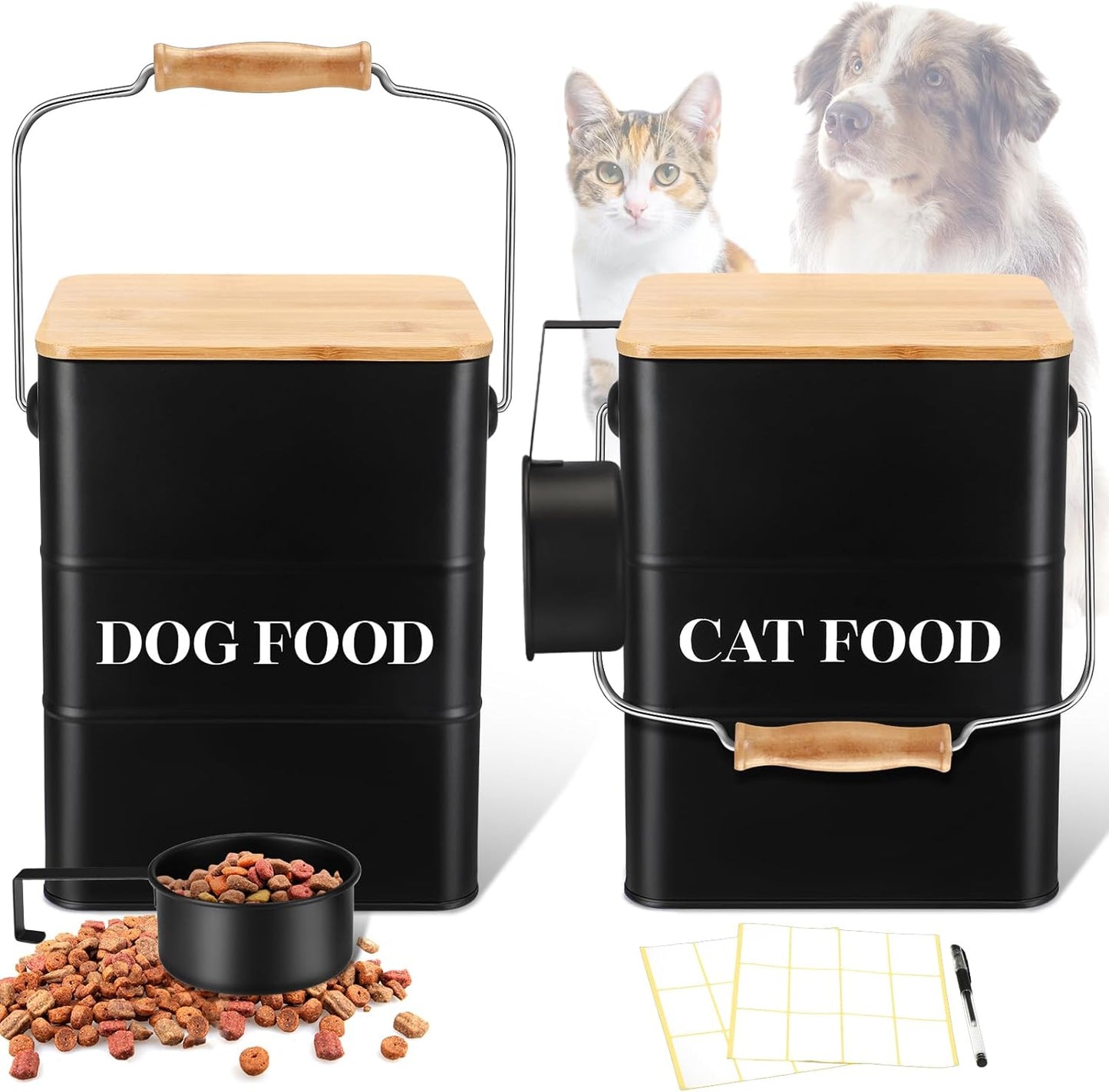 Tioncy 2 Pcs Metal Dog and Cat Food Storage Containers Big Pet Food Containers with Bamboo Lids and Spoon Airtight 5-7 Lbs Dog Cat Treat Snack Jars with DIY Labels for Kitchen Counter(Black)