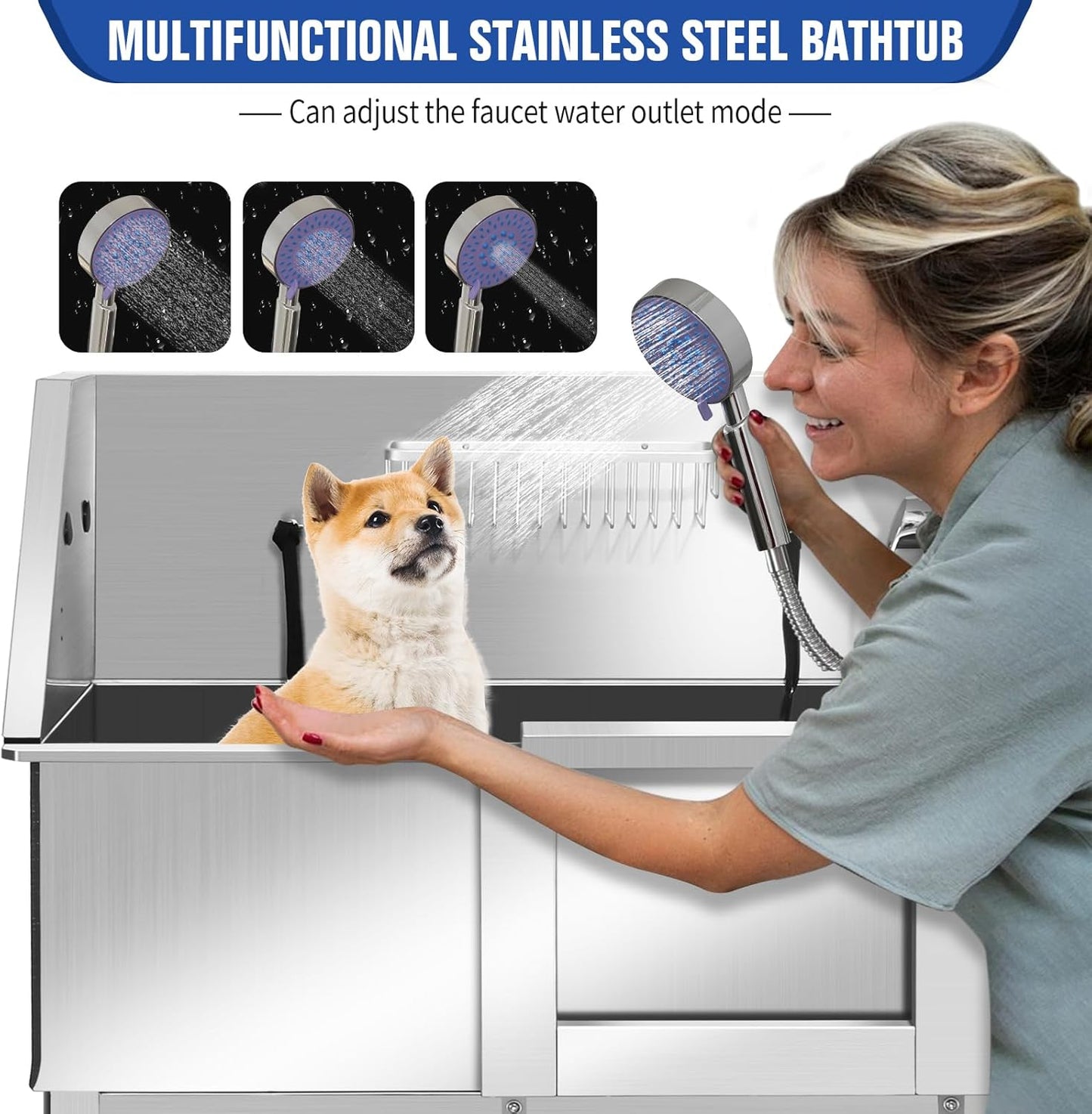 Stainless Steel Dog Washing Station for Large Dogs, Dog Grooming Tub for Home, Professional Dog Bathtub Bathing Station, Pet Wash Station, Dog Shower Tub with Stairs, Drain & Door,34" R-RAMP