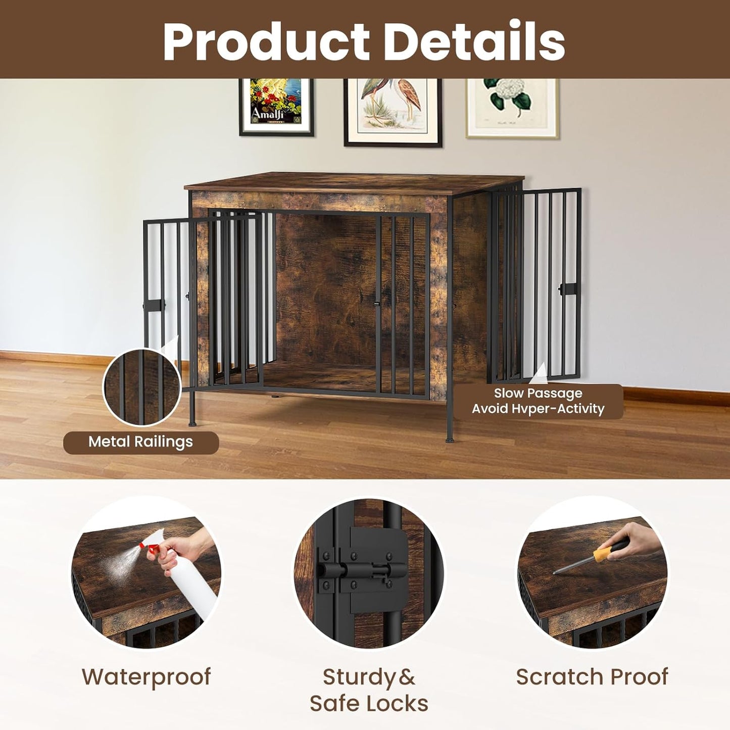 Dog Crate Furniture 40" Sturdy Heavy Duty Dog Kennel Solid Metal Tube Thick Wooden with 3 Lockable Doors Single Dog Cage Large Breed as TV Stand End Table for Large Dog Rustic Brown