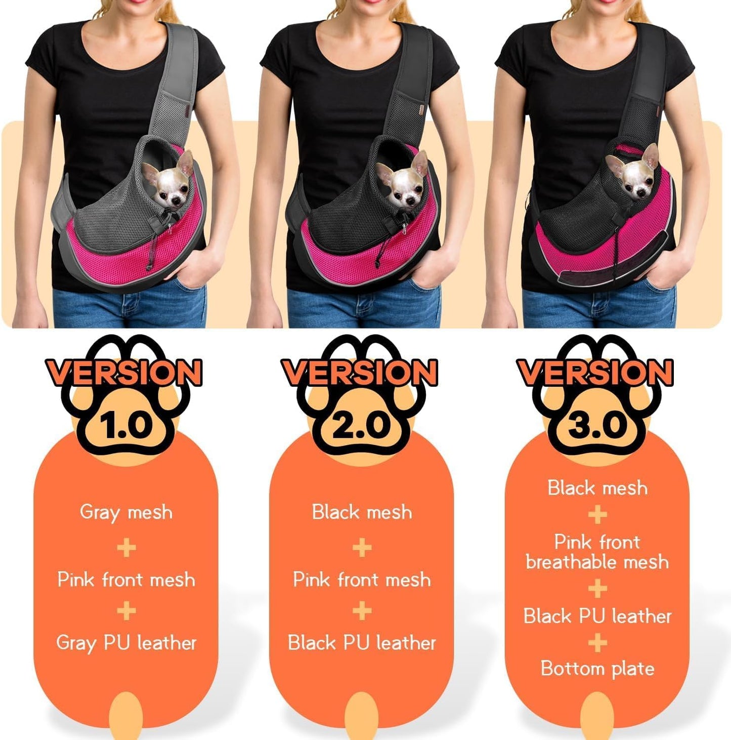 YUDODO Pet Sling Carrier for Small Dogs & Cats – Hands-Free Puppy Carrier with Safety Hook, Large Zipper Pocket, Soft Breathable Mesh, Adjustable Strap & Reflective Strip (Pink 3.0 M)