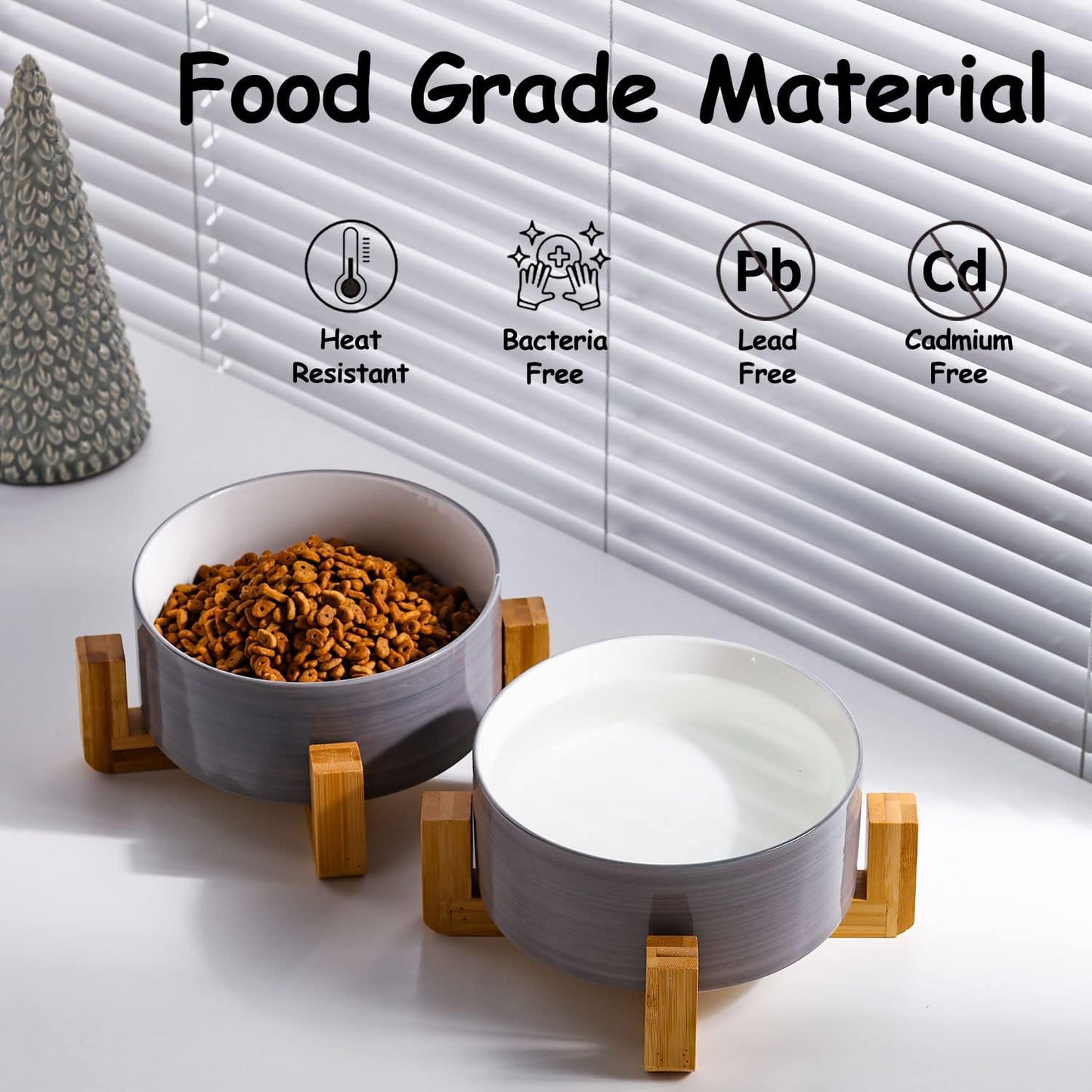 Petygooing Ceramic Cat Dog Bowl Set with Stand,Small Dog Bowls,Pet Food and Water Dish, Anti Slip Set of 2 Cat Bowls-Cute Modern Pet Food Dish Small Size (13.5OZ/5.1 in) Grey White