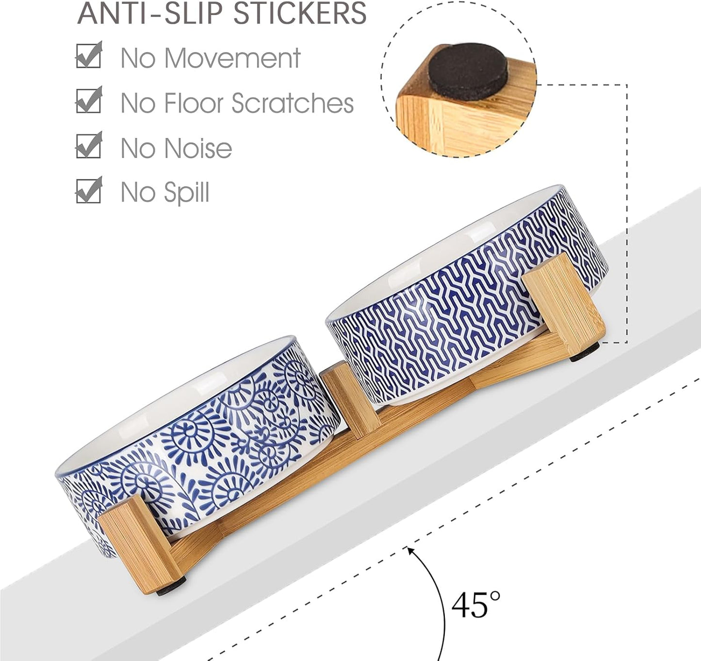 Selamica Ceramic 14 OZ Dog Bowls, Dog Food and Water Bowls with Wooden Stand, Anti-Slip Dog Dishes Set for Cats & Small Dogs, Weighted Pet Bowls Set of 2, Vintage Blue B