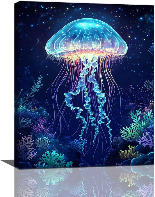 Ocean Jellyfish Wall Art Canvas Coral Fish Wall Decor Prints Framed Painting Underwater Pictures Gifts Artwork for Bathroom Living Dining 16"x20"