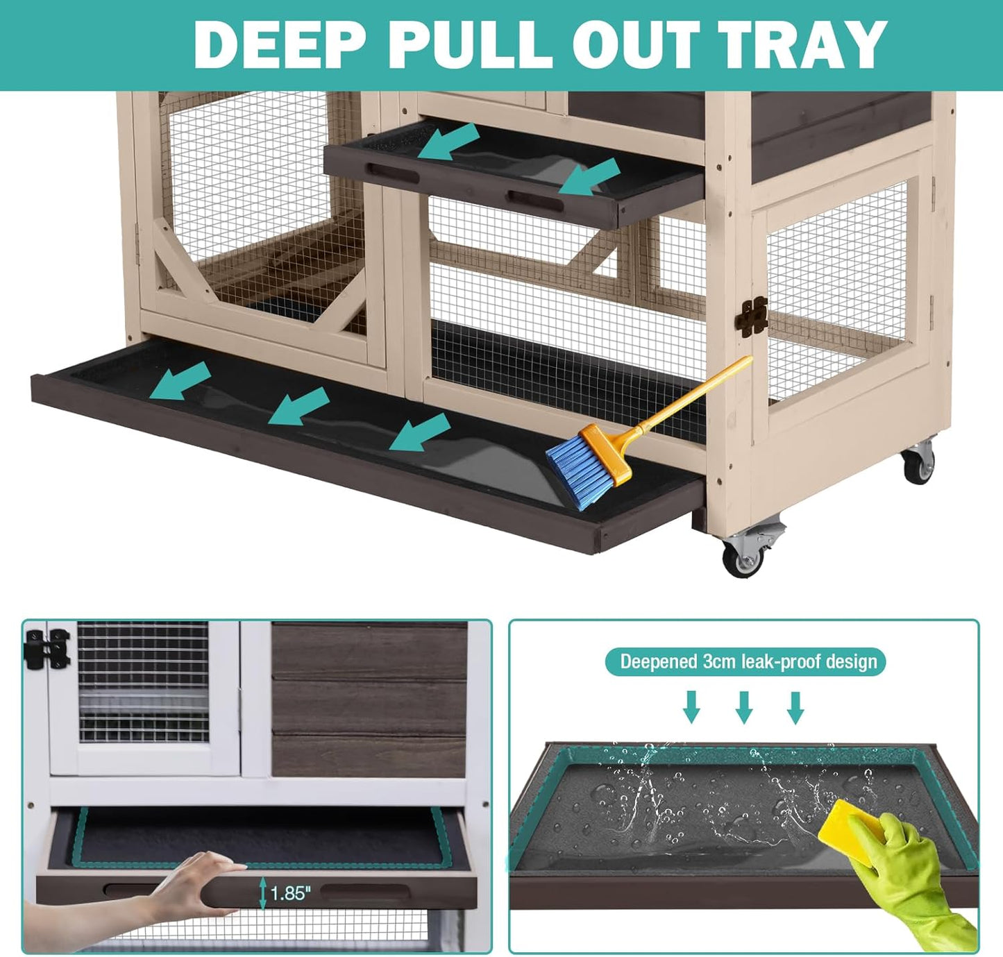 Rabbit Hutch Indoor for 2-4 Rabbits & Guinea Pigs，Bunny Cage with Slide-Out Plastic Trays，Wooden Small Animal Cage for Rabbits, Bunnies, and Guinea Pigs (Dark Brown)