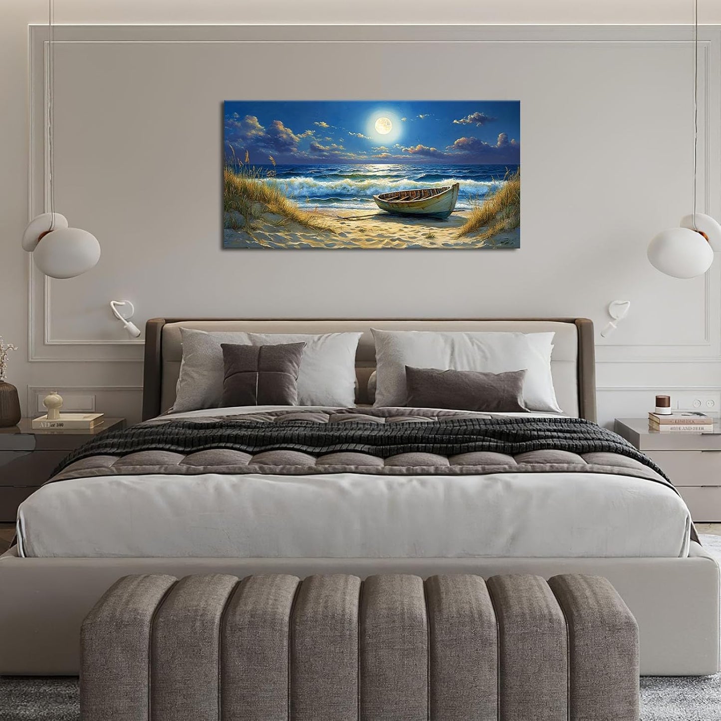Quorin Beach Boat Large Wall Art Coastal Seaside Moonlight Pictures Nautical Wall Decor Seascape Canvas Print Painting Artwork for Bathroom Living Room Bedroom 30"x60"