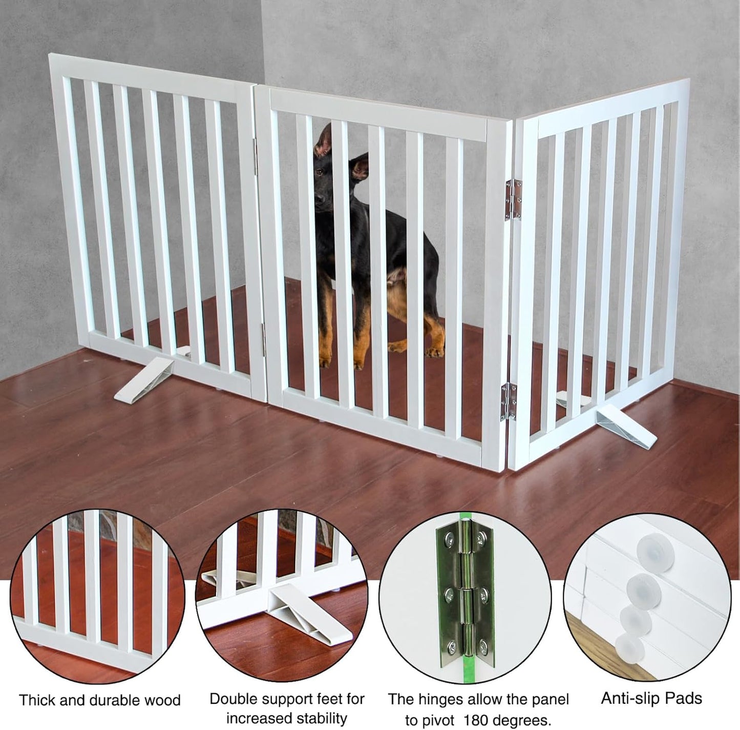 ZJSF Freestanding Indoor Dog Gate for House Foldable Wood White Puppy Gate for Doorways Pet Gate for Stairs Extra Wide Pet Fence 24" Height 3 Panels