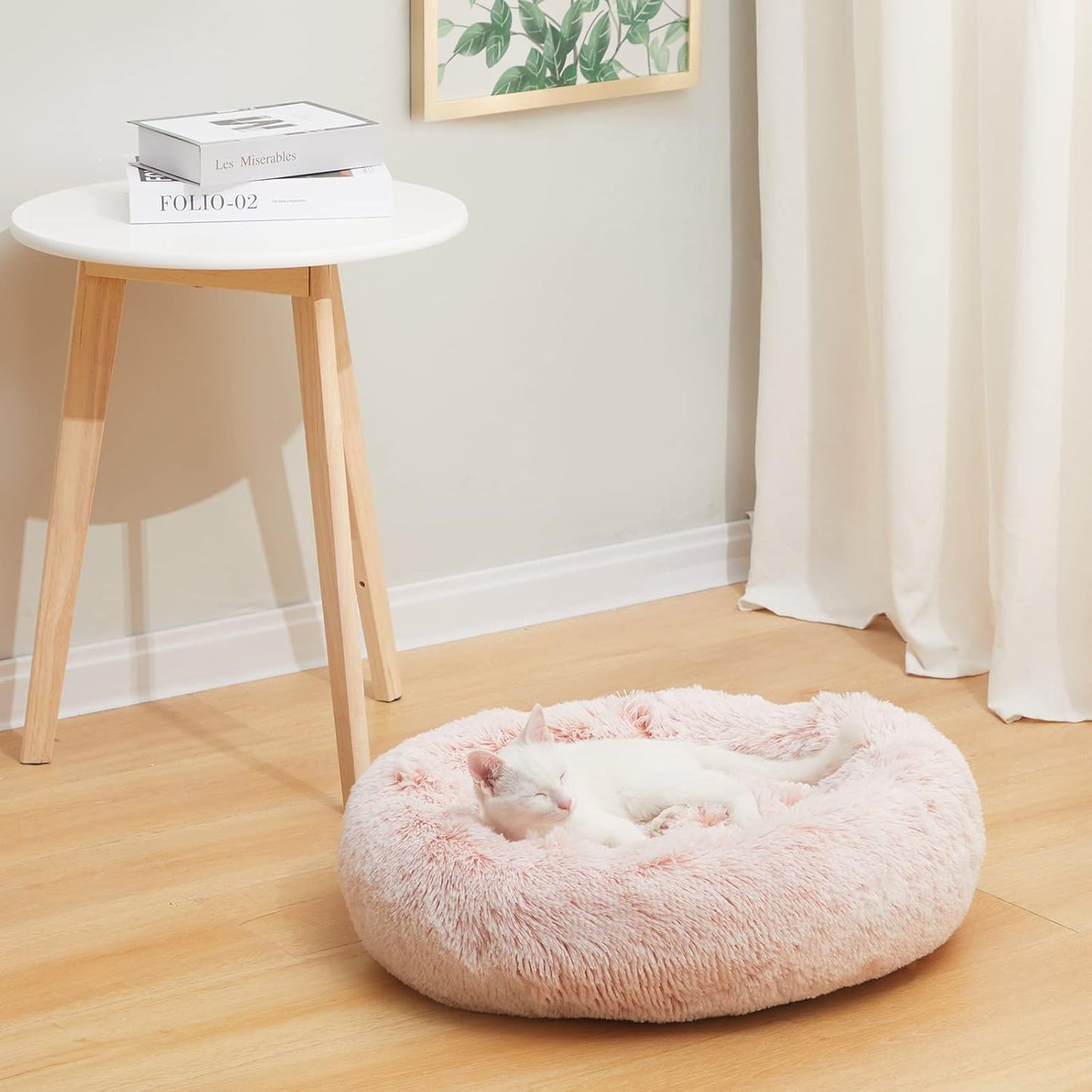 Bedfolks Calming Donut Dog Bed Cat Bed, 23 Inches Round Fluffy Dog Beds for Small Dogs, Machine Washable Anti-Anxiety Plush Puppy Bed（Pink, Small）