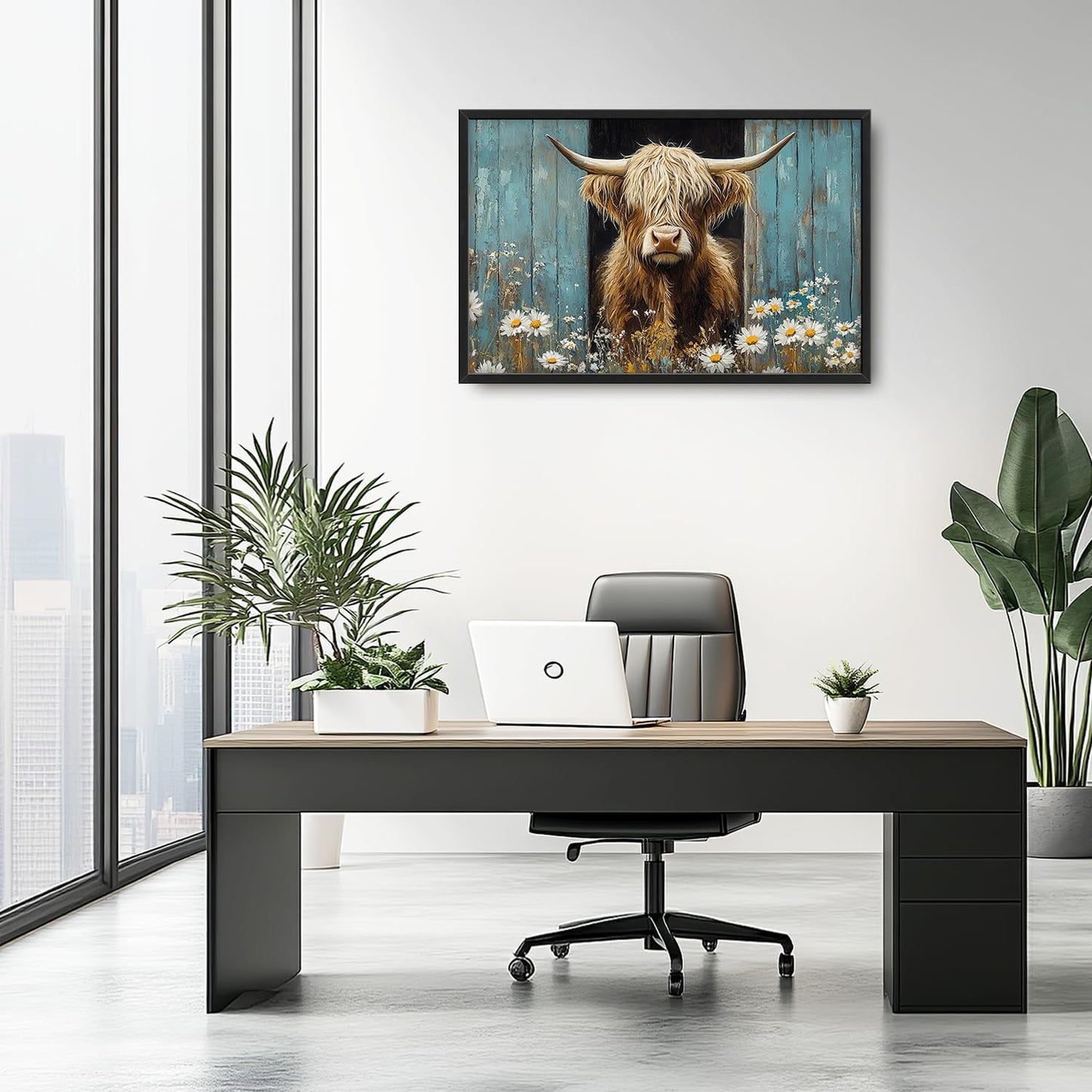 Large Farmhouse Highland Cow Country Wall Art for Living Room, Floral Canvas Oversized Wall Decor, Daisy Flower Animal Framed Pictures Painting Print Artwork for Bedroom Office 36"L x 24"W