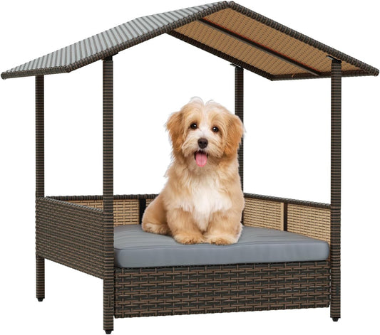 LEMBERI Outdoor Rattan Dog House with Canopy, Indoor Dog Bed for Small/Medium Dogs with Removable Cushion, Washable Cover, Dog Shelter for Patio, Deck, Yard, Pool, Brown