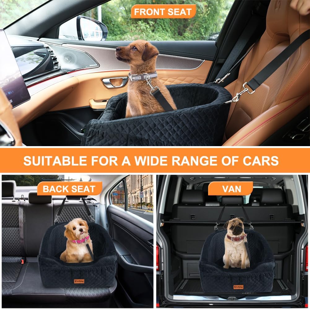 Vivifying Dog Car Seat for Small & Medium Dogs, Detachable & Washable Booster Seat for Pets Up to 30lbs, Travel Bed with Storage Pockets and Safety Belt – Black