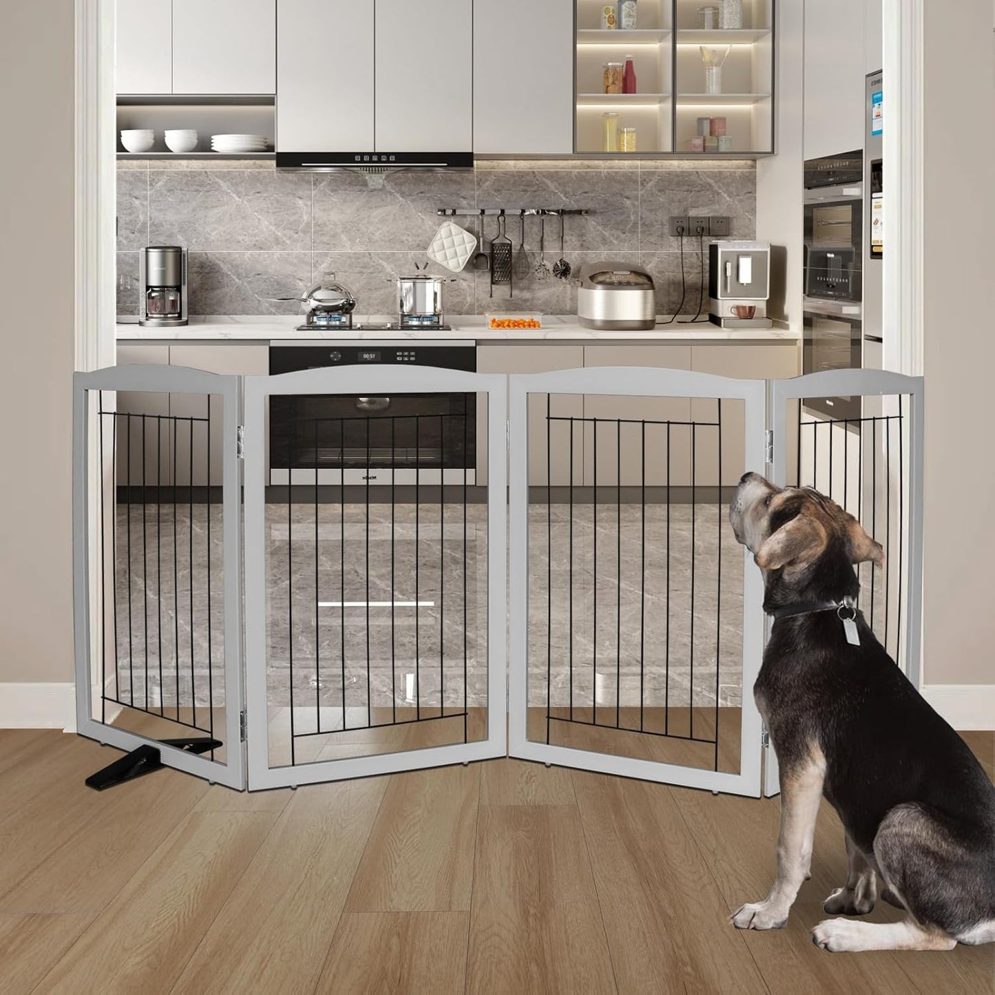ZJSF Freestanding Dog Fence Indoor, Foldable Dog Gate for Doorways, Stairs or Hallways, Sturdy Wood Extra Wide Pet Gate with Support Feet for The House, Grey, 32 "Height-4 Panels