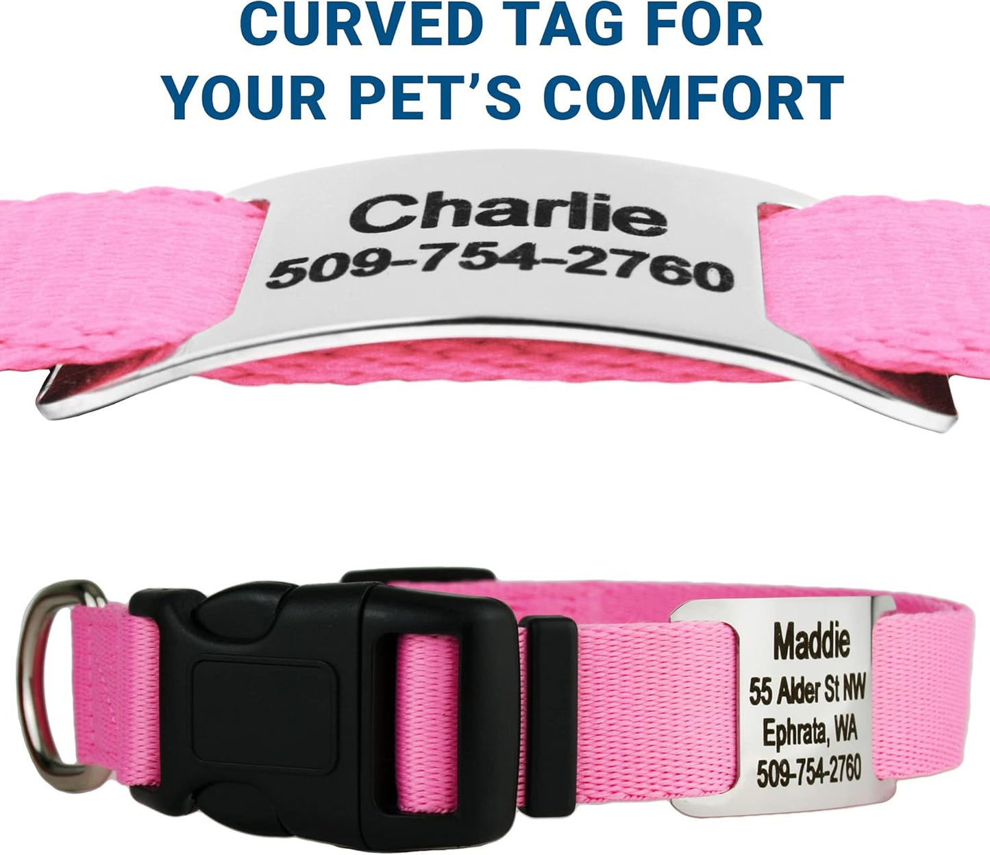 GoTags Personalized Dog Collar with Nameplate, Adjustable Dog Collar with Custom Engraved Slide On Pet ID Tag in Stainless Steel, Silent, No Noise Dog Tag for Large Medium and Small (Pink, Small)