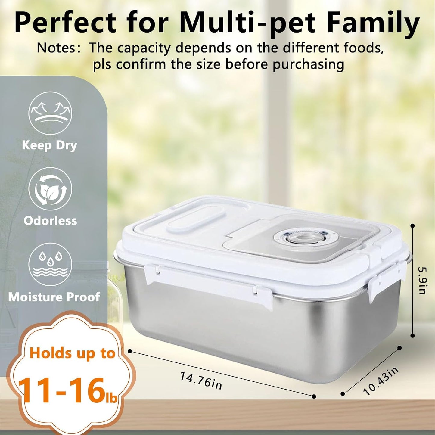 Sanbo Pet Food Storage Container 10L & 7.5L | Stainless Steel Airtight Bin with Scoop & Time Dial | Dog/Cat Food Keeper 2-Pack Sliver
