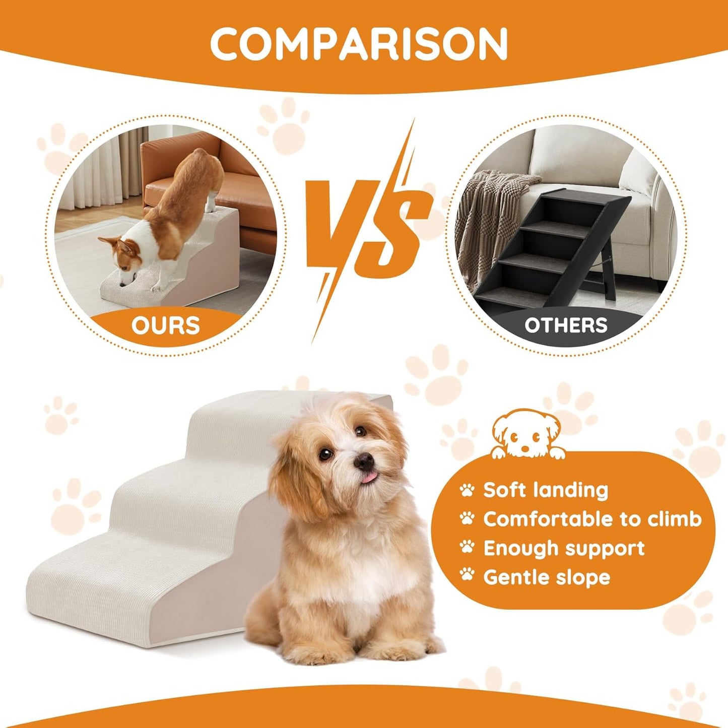 Pet Stairs, Dog Stairs for Small Dogs, Dogs Steps, 5-Step Curved Dog Ramp for Bed, Couch, Sofa, Car and Chairs, Non-Slip Bottom Design, Cat Scratching Board, High Density Foam Portable Pet Step, Beige