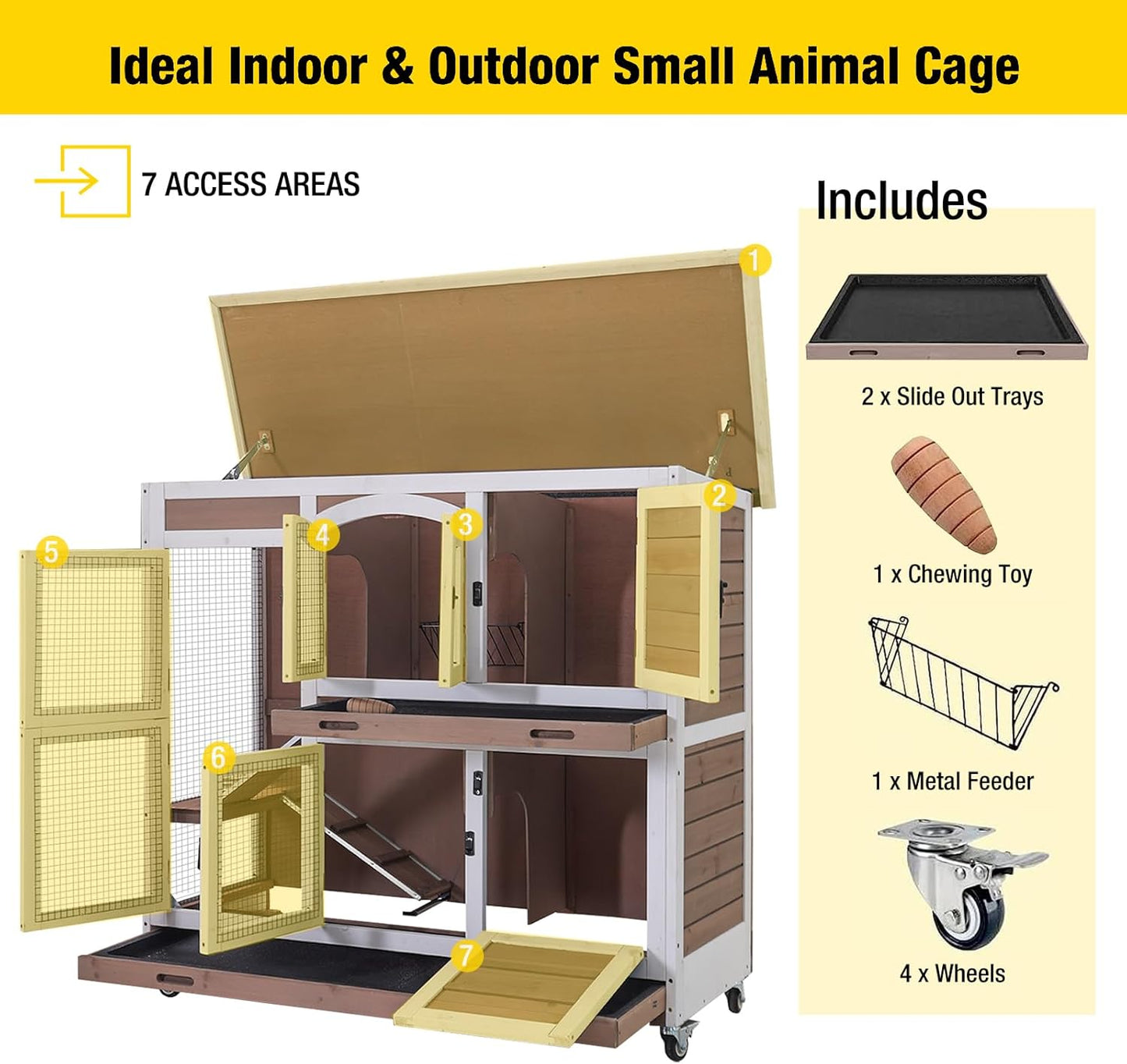 Aivituvin Rabbit Hutch Bunny Cage with Wheels Indoor Outdoor 47" Two Story Guinea Pig Cage with 2 Deep No Leak Tray