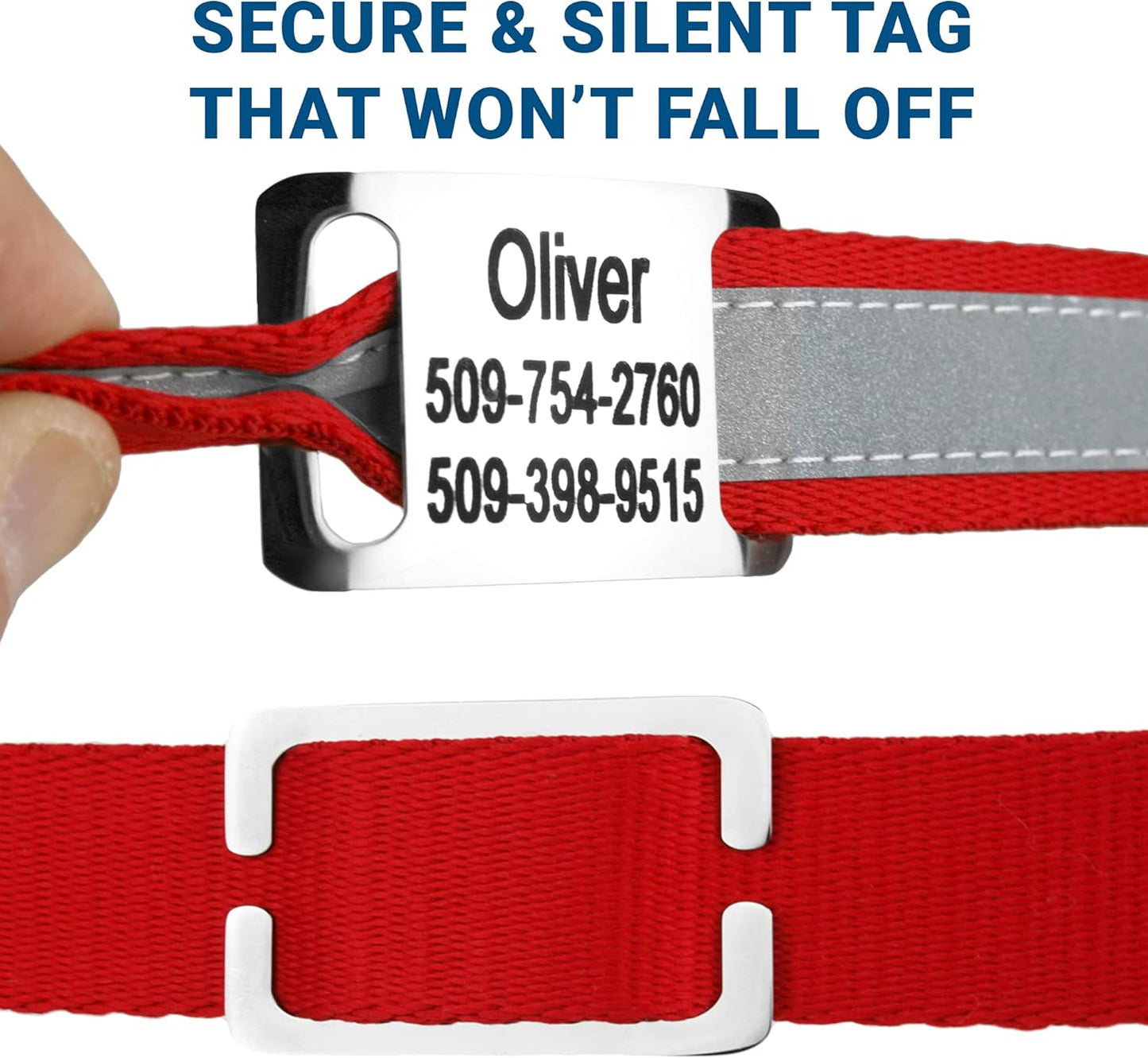 GoTags Reflective Personalized Dog Collar with Nameplate, Adjustable Dog Collar with Custom Engraved Steel Slide On Pet ID Tag, Silent, No Noise Dog Tag for Large Medium or Small (Red, Small)