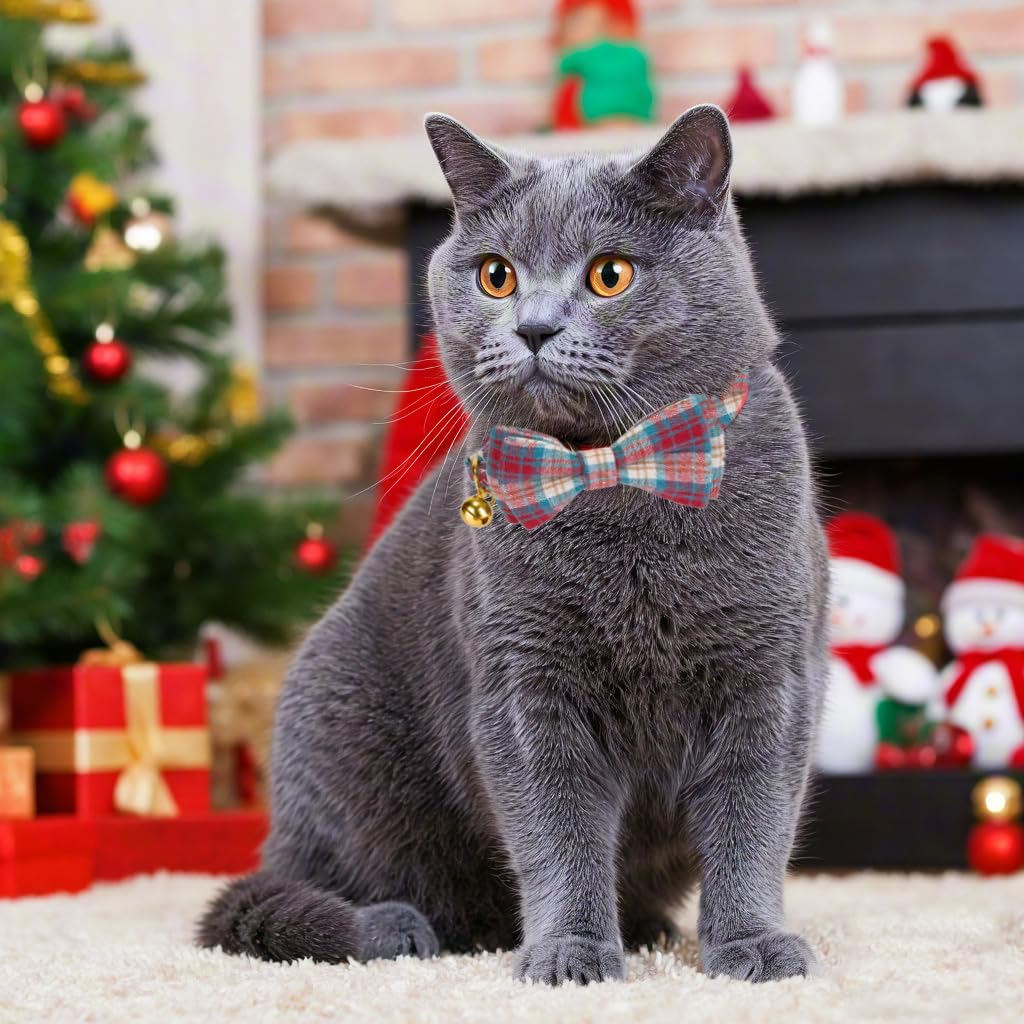 2 Pack Soft Cotton Christmas Cat Collars with Bowtie and Bell Breakaway Plaid Cat Kitten Collar(Red and Green)