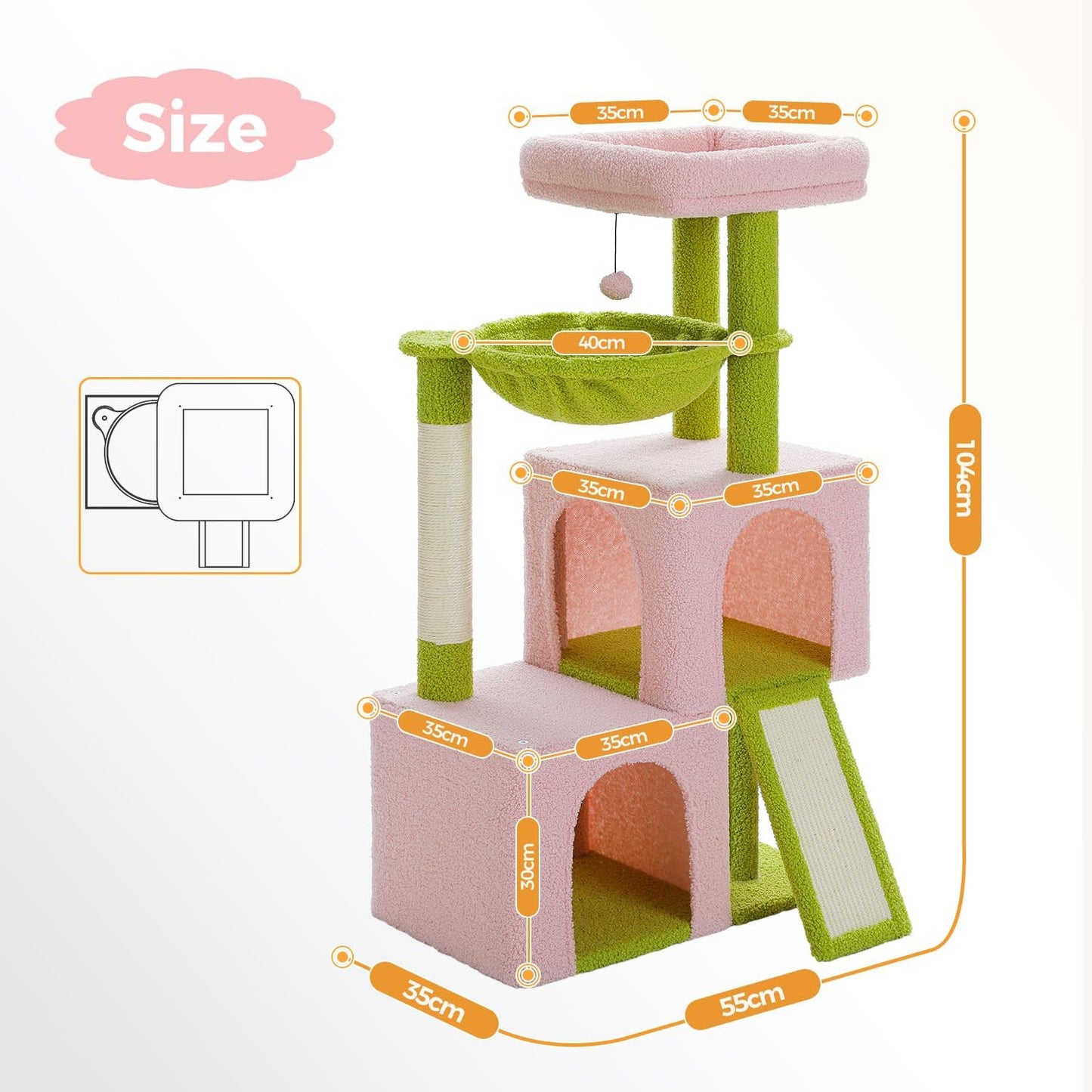 PAWZ Road Large Cat Tree, 41 Inches Multi-Level Cat Tower with 2 Spacious Condos for Large Indoor Cats, Pink Flower Cat House with Comfy Hammock, Padded Perch, Scratching Pad and Replaceable Balls