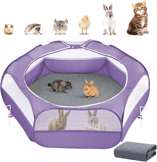 2-in-1 Small Animals Playpen with Pad, Waterproof Small Pet Cage Tent with Reusable Pad, Portable Outdoor Yard Fence with 3 Metal Rod for Chick/Kitten/Puppy/Guinea Pig/Rabbits/Chinchillas, Purple