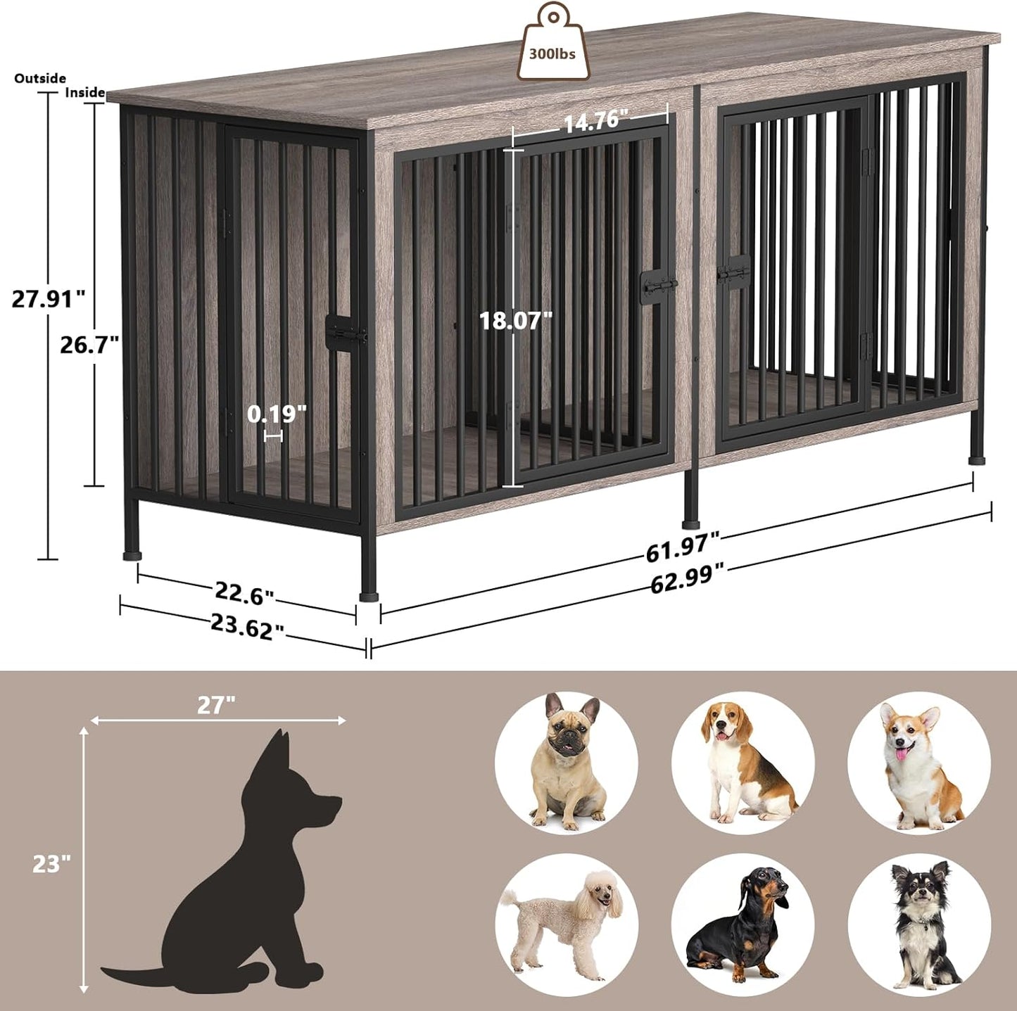 EasyCom 63" Dog Cage Furniture for 2 Pets with Divider, XL Wooden Double Dog Crate Furniture TV Stand for Mideum Breed, Durable and Sturdy