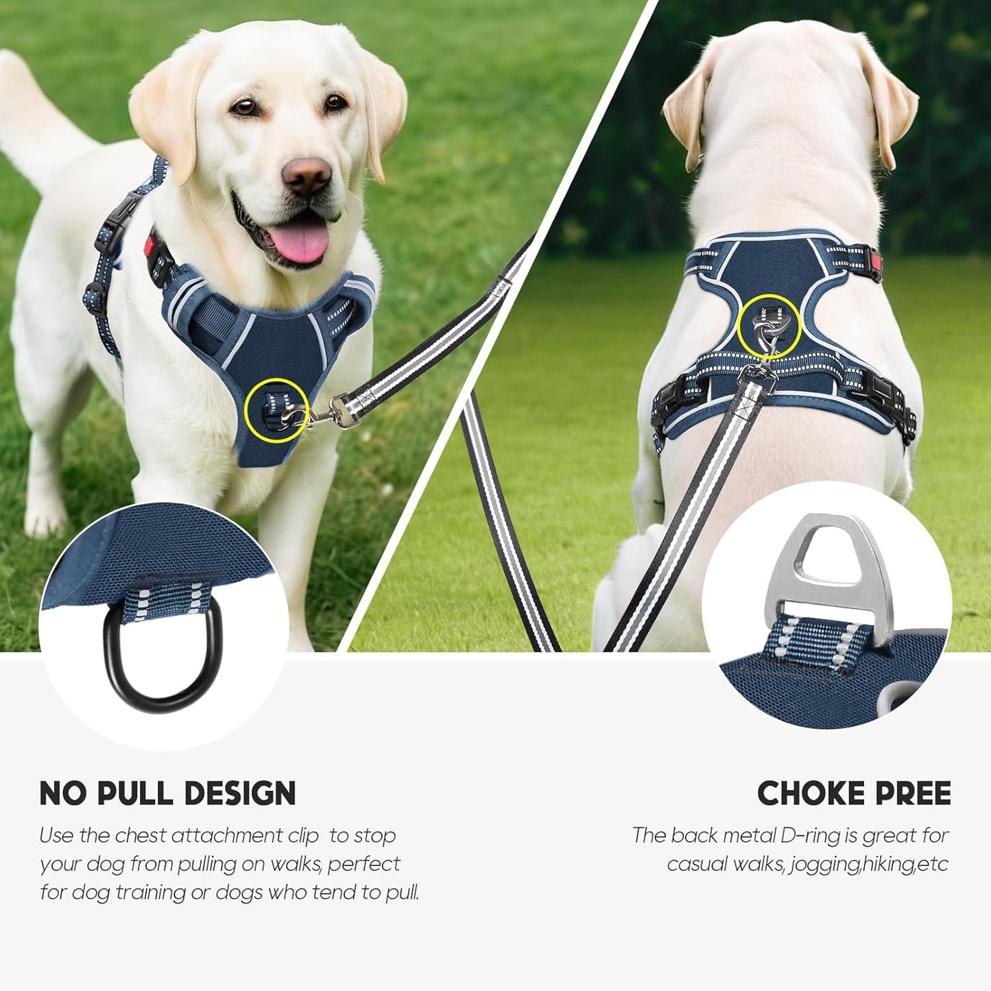 Timos Dog Harness Large Sized, No Pull Pet Harness with Neck Lockable Snap,No Choke Front Clip Dog Reflective Vest,Adjustable Metal Rings 3 Buckles,Easy Control Handle for Large Dogs Royal Blue XL