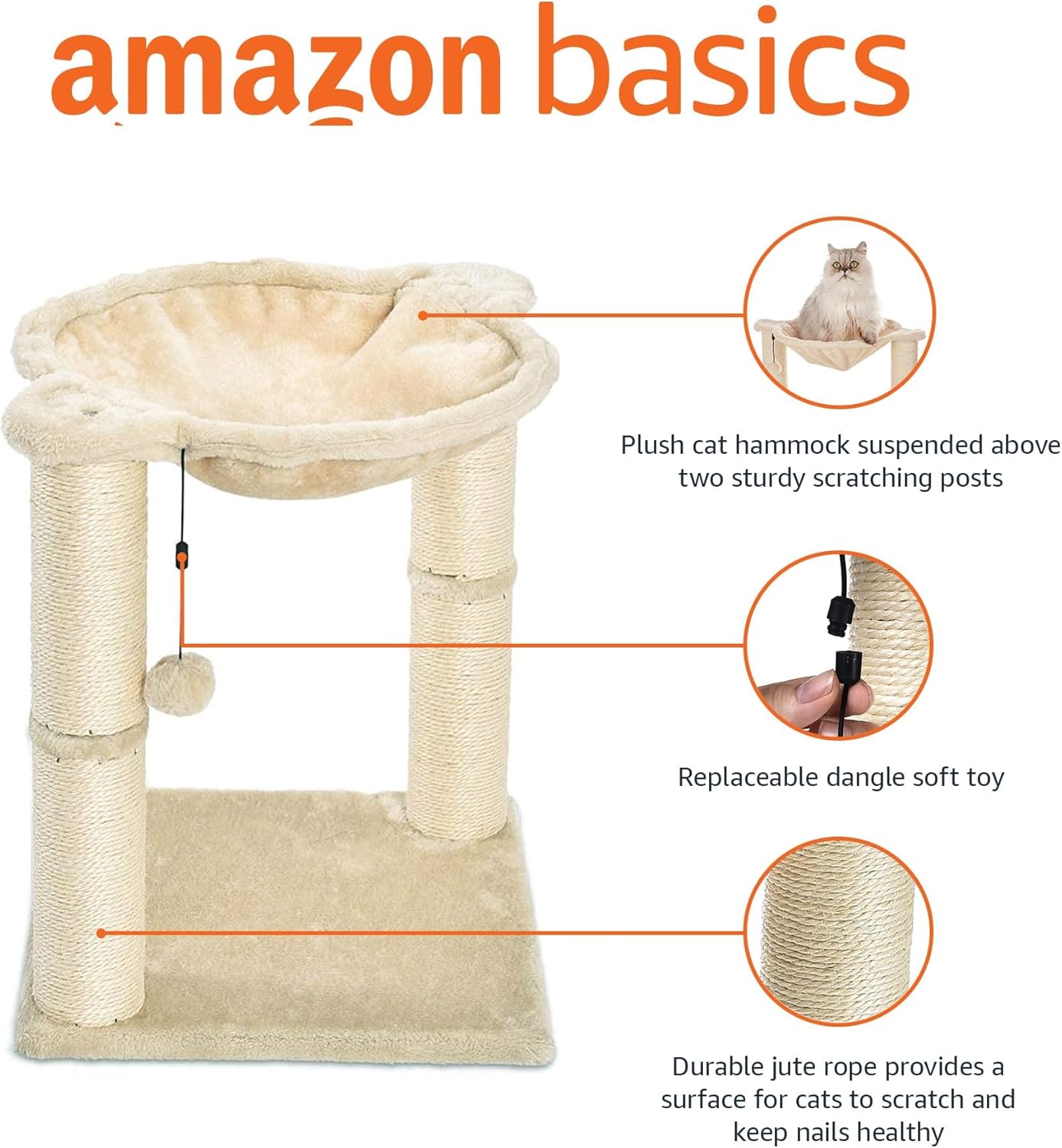 Amazon Basics Cat Condo Tower with Hammock Bed and Scratching Post,Easy to Assemble,Plush Hammock,Interactive Hanging Ball,Durable Sisal Scratch Posts for Indoor Cats, 15.8 x 15.8 x 19.7 Inches, Beige