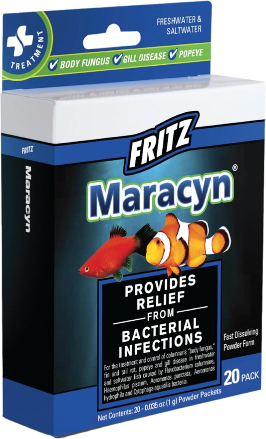 Fritz Maracyn - for Saltwater and Freshwater gram-Positive Relief from Bacterial gil, Popeye, More - Easy dose Packets, 20 Count