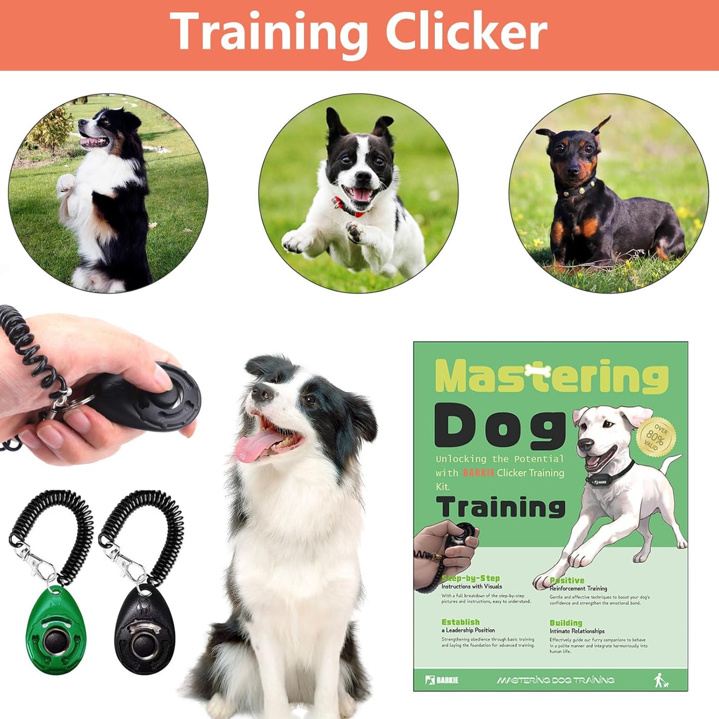 BARKIE Dog Training Kit - Treat Pouch, Pet Training Fanny Pack, 2 Puppy Training Clickers, Ultrasonic Silent Whistle, 2-in-1 Whistle Clicker, Clicker Training Guide Booklet, Dog Poop Bag (Black)