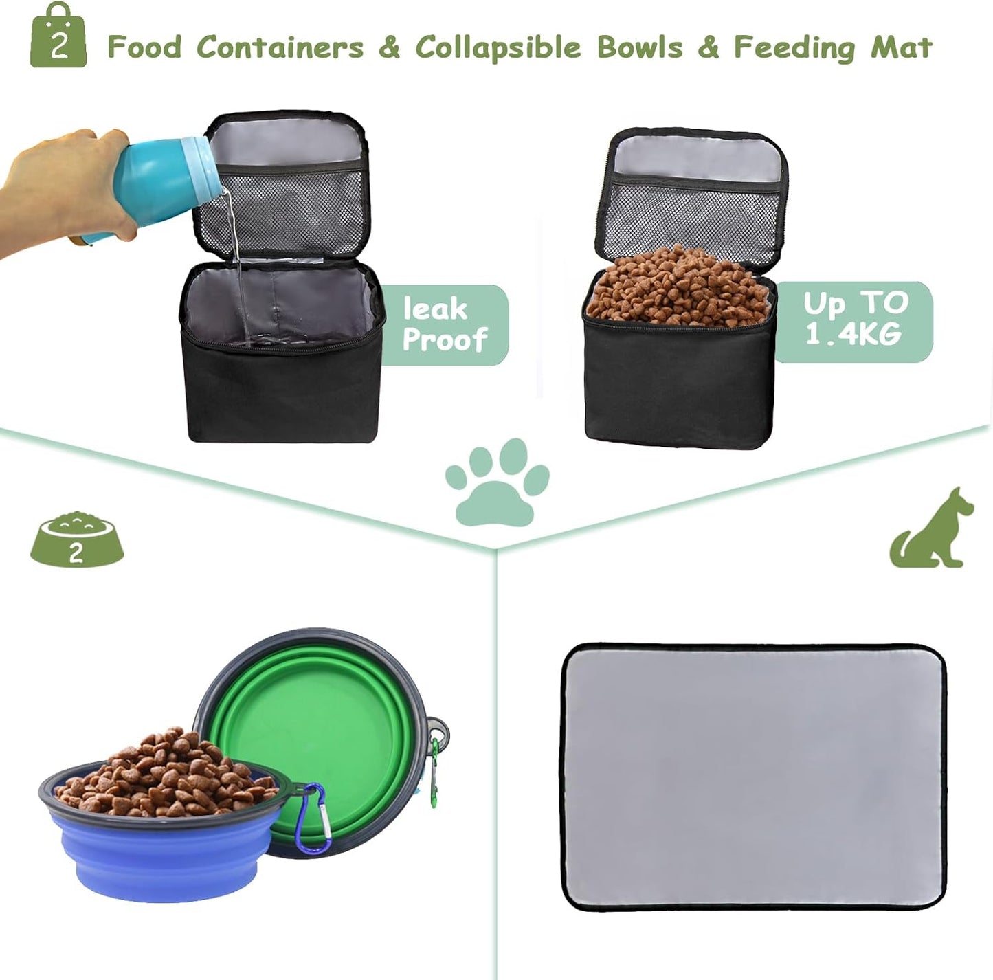 WOLT Dog Travel Bag Dog Bag for Traveling and Supplies with 2 Collapsible Bowls, 2 Food Containers, 1 Place Mat, Black