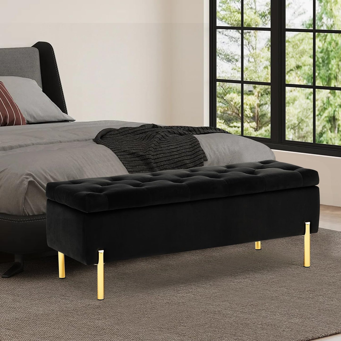Velvet Storage Bench Ottoman,Versatile Seating with Hidden Storage,End of Bed Bench,Tufted Bench for Bedroom,Living Room,Entryway,Black