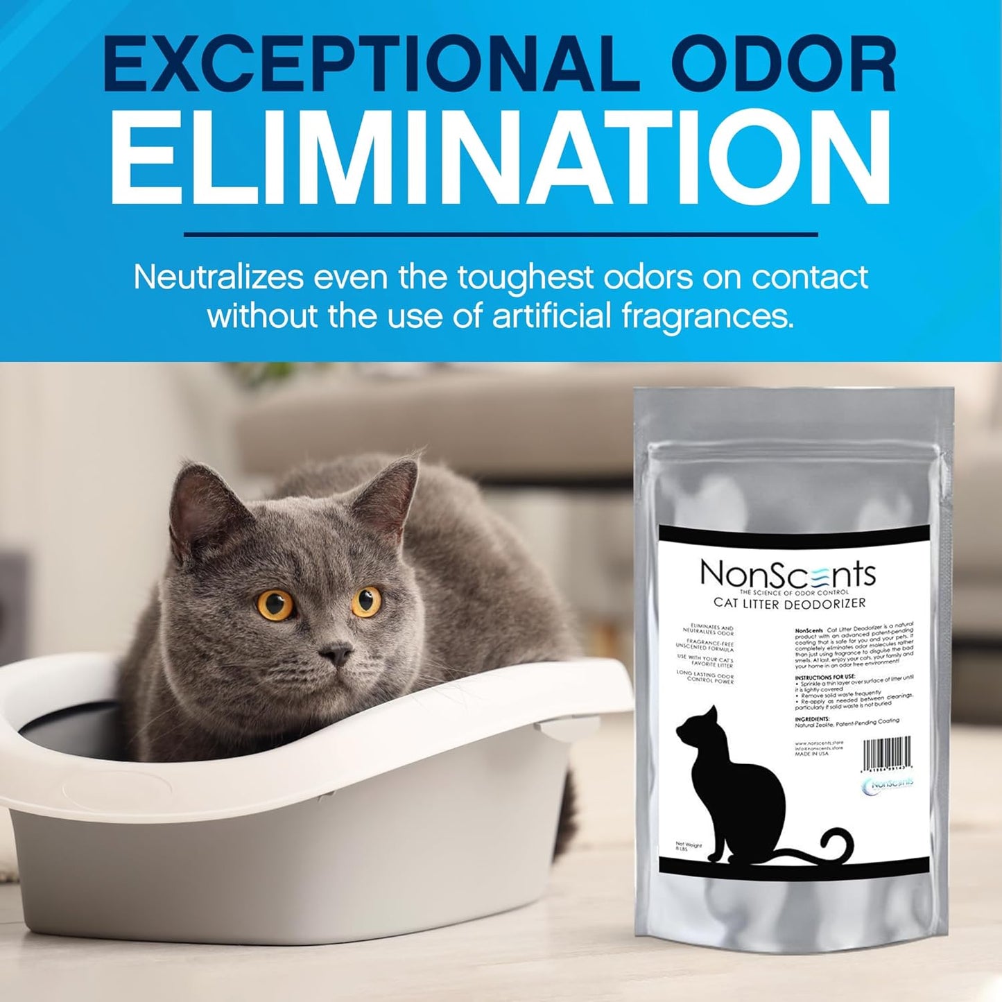 NonScents Cat Litter Deodorizer - Litter Box Odor Eliminator - Less Scooping Extends Kitty Litter Lifespan - Fragrance-Free Formula Eliminates Unpleasant Cat Odors – 8 Pound Bag