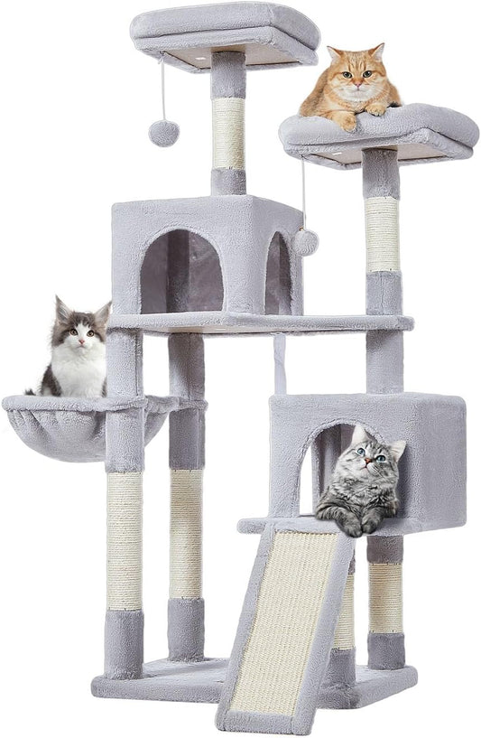 Taoqimiao 56.3-Inch Cat Tree, Cat Tower with Scratching Posts, Cat Tree House for Indoor Cats with hammocks, Toys, Condo and Large Scratch Board, Light Gray MS012W
