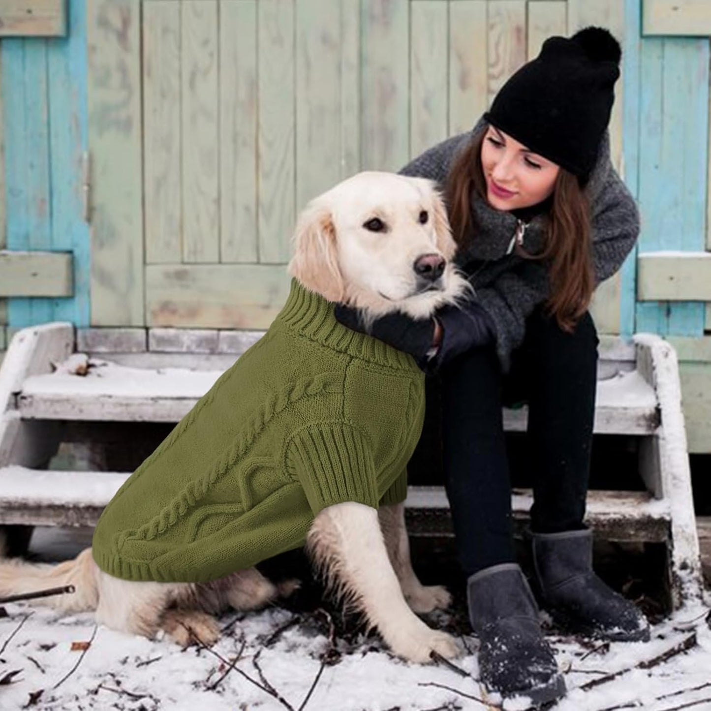 Queenmore Small Dog Pullover Sweater, Cold Weather Cable Knitwear, Classic Turtleneck Thick Warm Clothes for Chihuahua, Bulldog, Dachshund, Pugl,OliveGreen,L