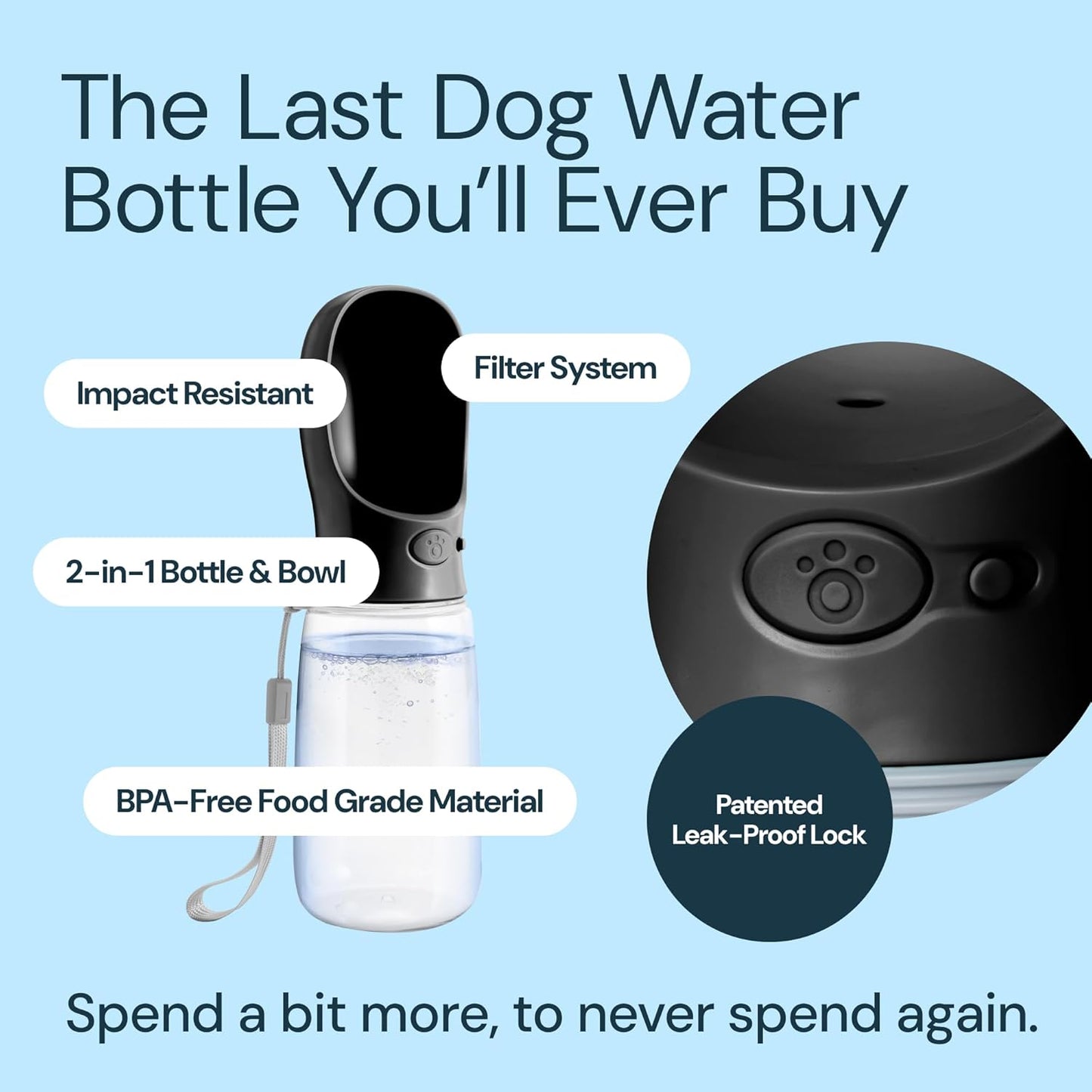 MalsiPree Dog Water Bottle - 19 Oz, Black, BPA-Free Stainless Steel - Portable & Lightweight Water Dispenser with Bowl for Dogs - Leak-Proof & No-Waste Design for Travel