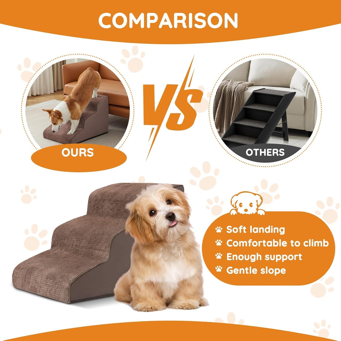 Pet Stairs, Dog Stairs for Small Dogs, Dogs Steps, 3-Step Curved Dog Ramp for Bed, Couch, Sofa, Car and Chair, Non-Slip Bottom Design, Cat Scratching Board, High Density Foam Portable Pet Step, Coffee