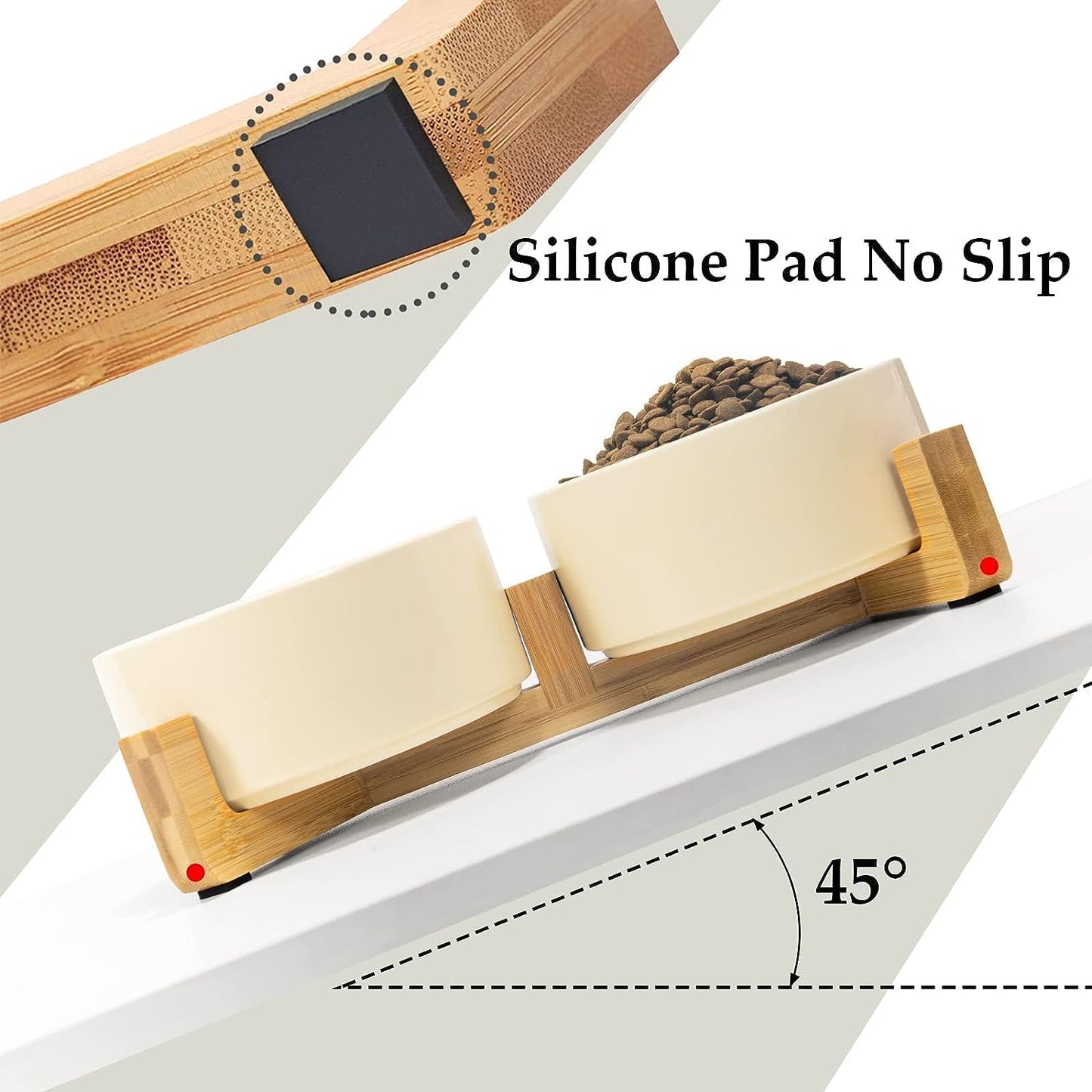 SPUNKYJUNKY Ceramic Dog and Cat Bowl Set with Wooden Stand, Modern Cute Weighted Food Water Set for Small Size Dogs (13.5OZ) & Medium Sized Dogs (28.7OZ) & Cats (3.6 Cups, 2 × Beige)