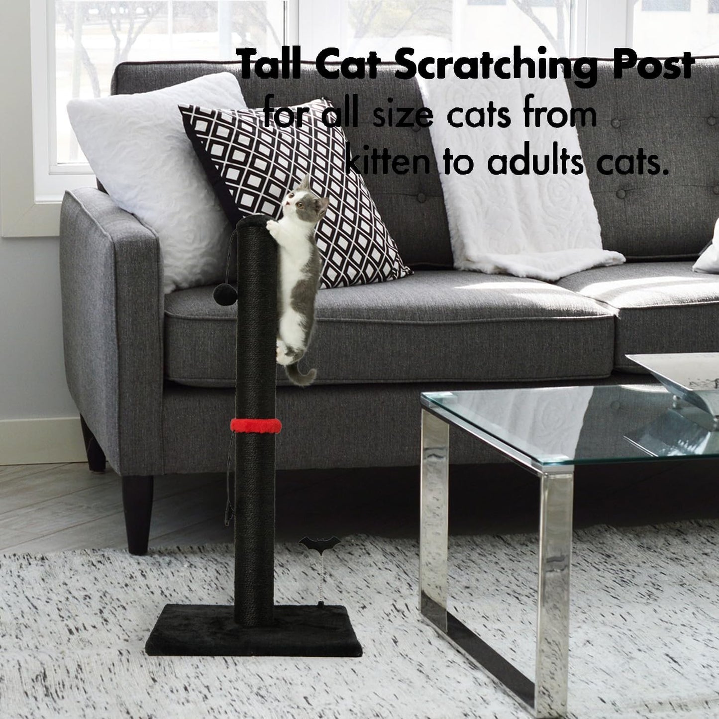 MECOOL Cat Scratching Post Premium Sisal Scratch Posts with Hanging Ball Vertical Scratcher for Indoor Cats and Kittens,Black