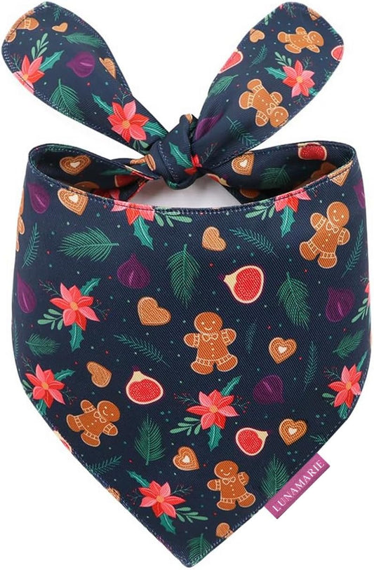 LunaMarie - Luxury Pet Birthday Bandanas -Premium & Silky Poly Fabric | 100% Handmade | Custom Shape Dual Layered (Gingerbread & Figs, Small)