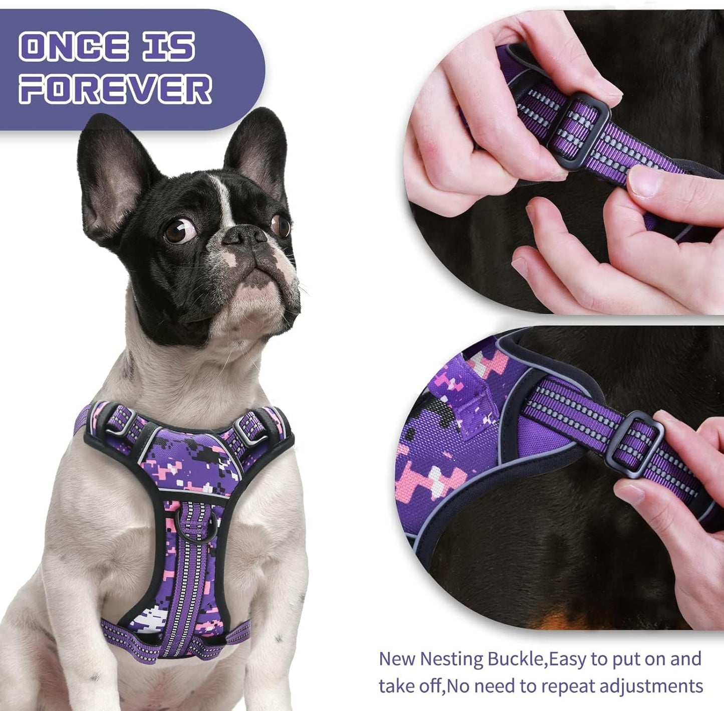 No Pull Dog Harness for Large Dogs, Adjustable No Choke Pet Vest with Dog Leash Fit Smart Reflective Pet Walking Harness for Training Easy Control Soft Handle Purple Camo L