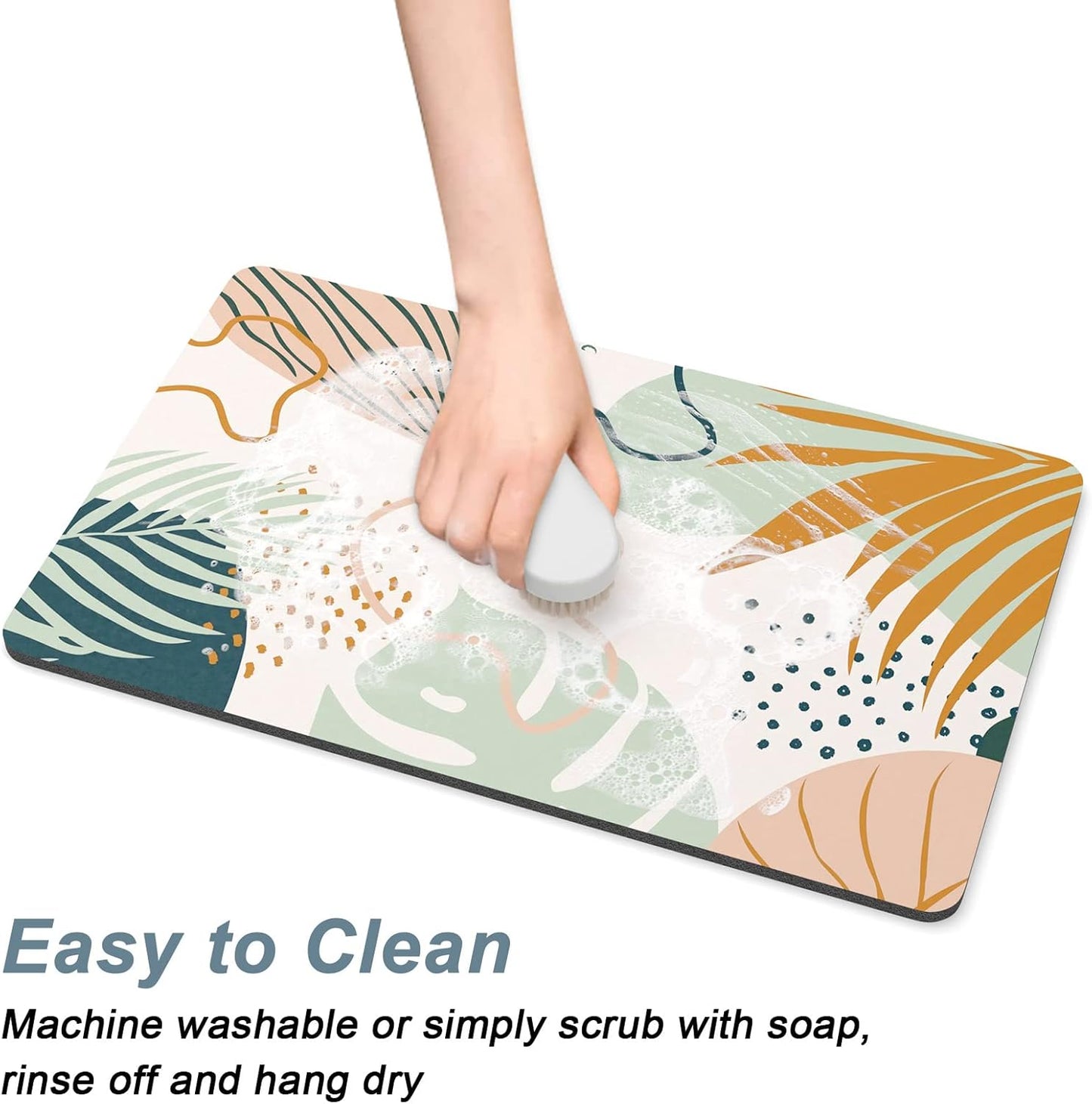 Rnivvi Dog Food Mat, 12" x 19" Boho Absorbent Dog Cat Bowl Mat for Food and Water, Cute Anti-Slip Rubber Pet Feeding Rug Protect Floors, Puppy Placemat for Feeding & Watering Supplies, Tropical Leaves